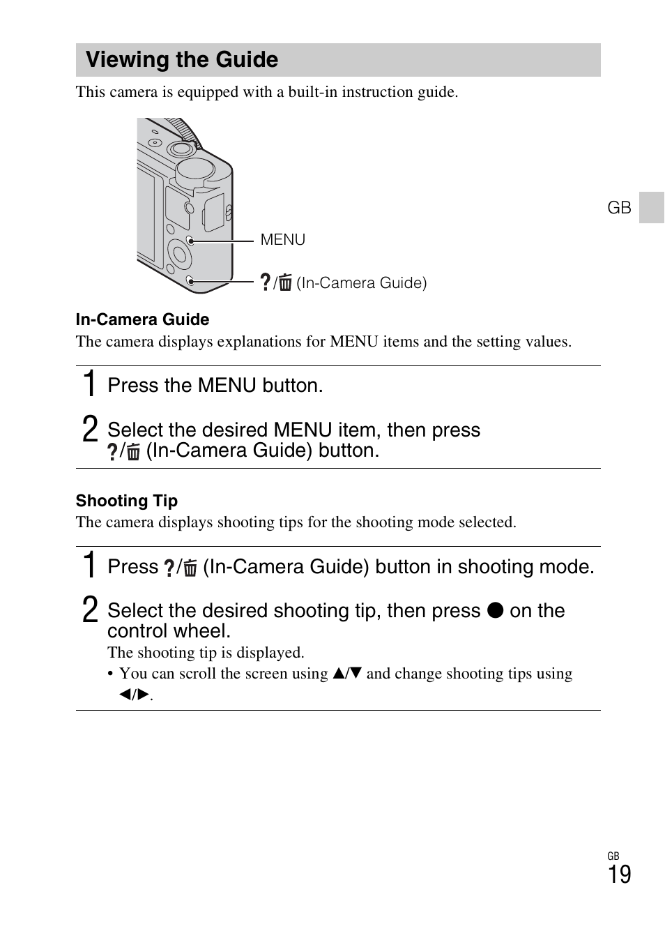 Viewing the guide | Sony DSC-RX100 User Manual | Page 19 / 68