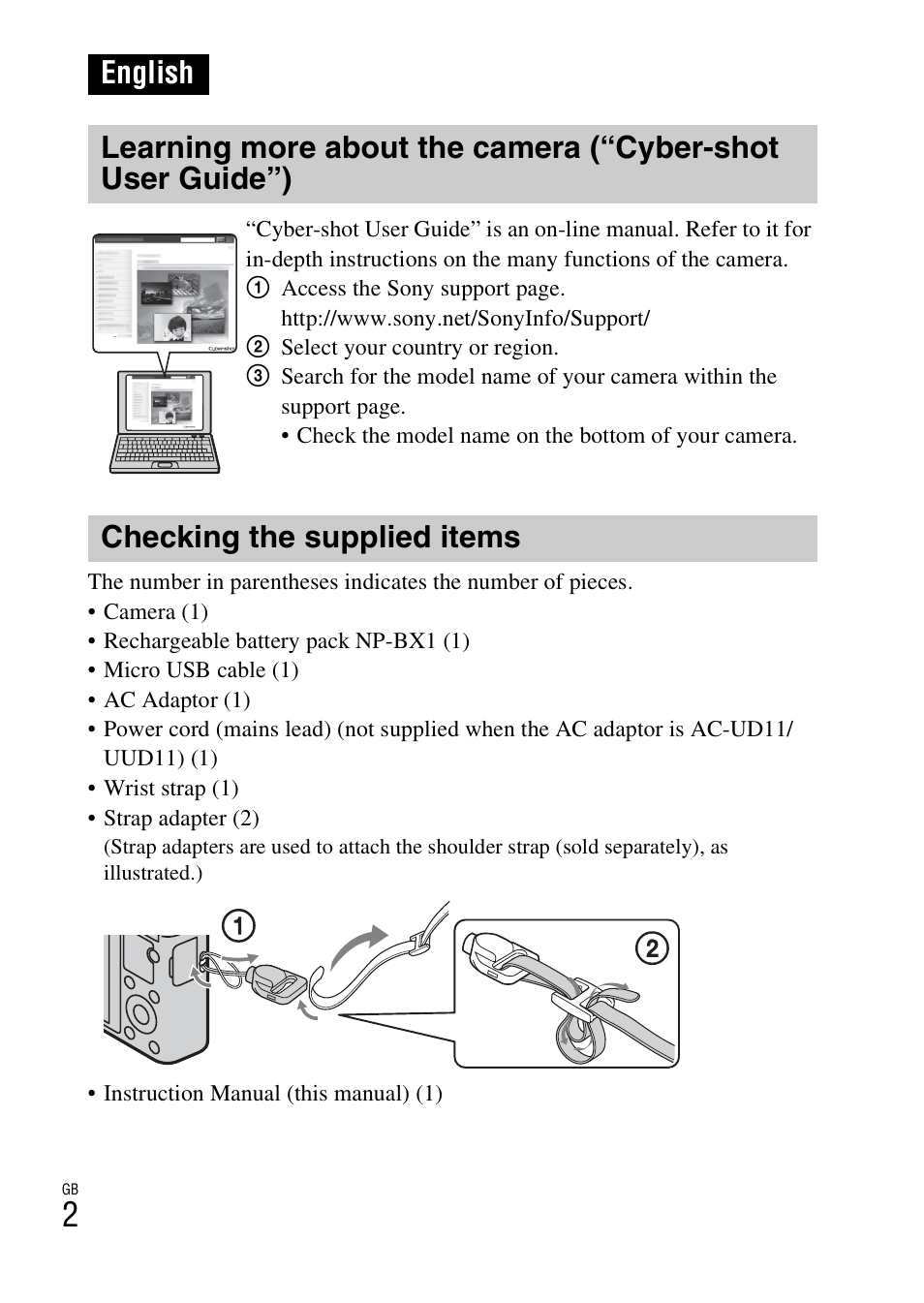 English, Checking the supplied items | Sony DSC-RX100 User Manual | Page 2 / 68