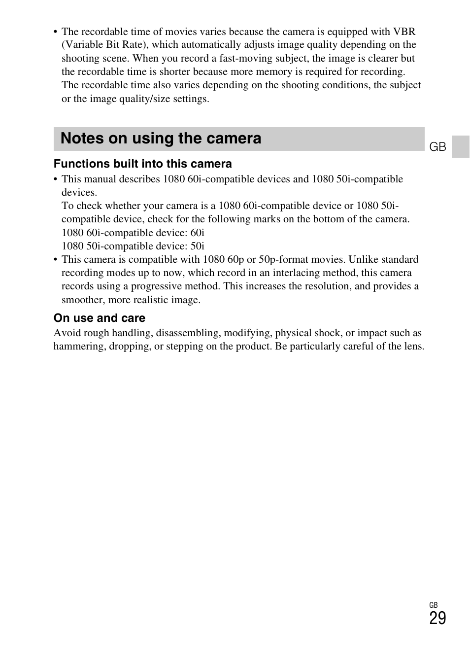 Notes on using the camera | Sony DSC-RX100 User Manual | Page 29 / 68