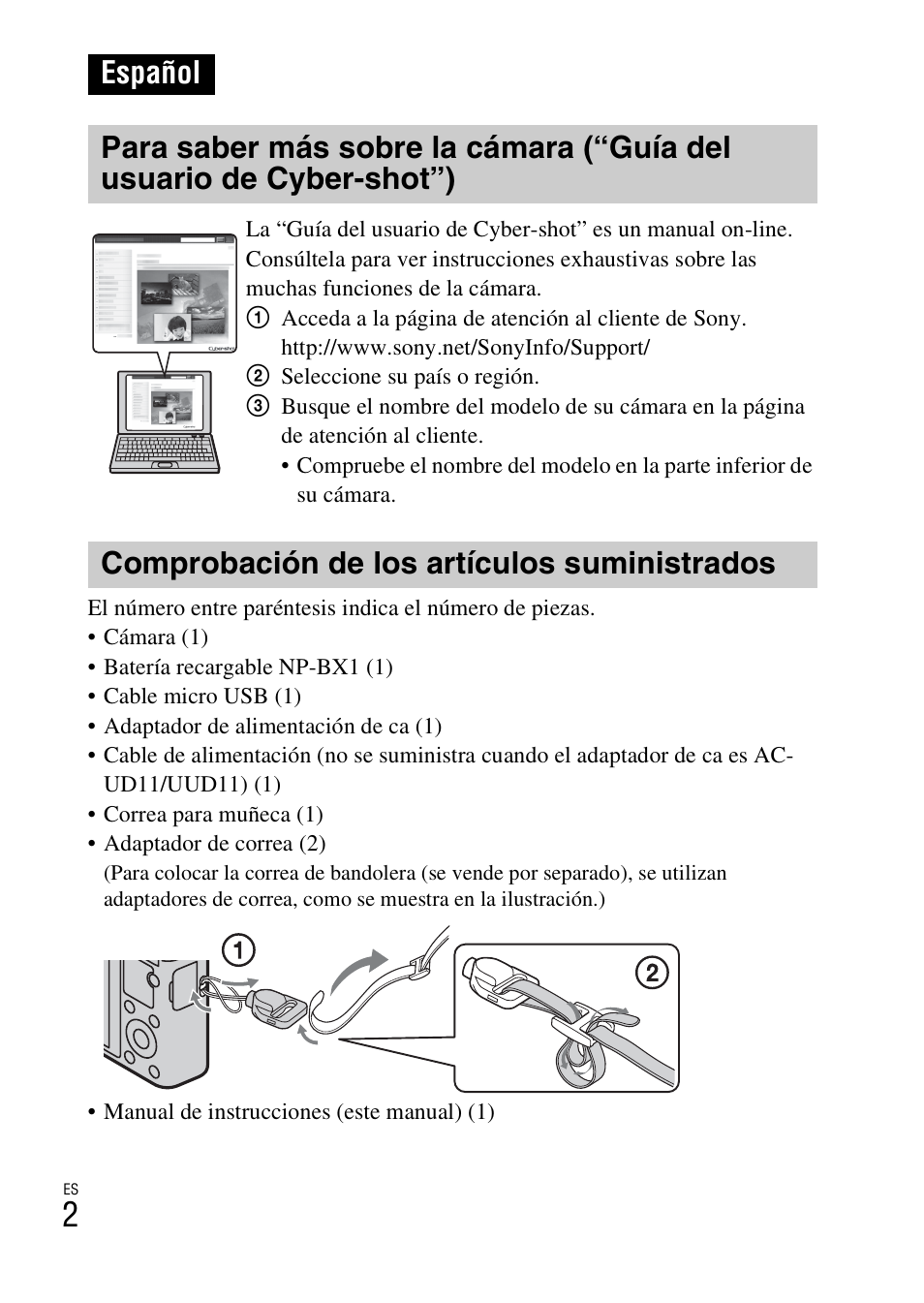 Español, Comprobación de los artículos suministrados | Sony DSC-RX100 User Manual | Page 36 / 68