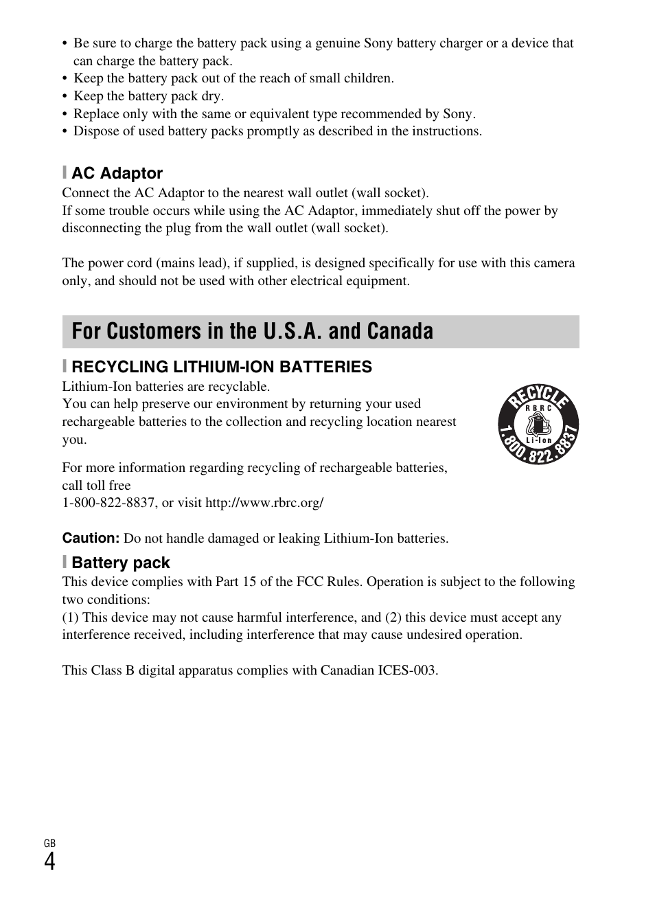 For customers in the u.s.a. and canada | Sony DSC-RX100 User Manual | Page 4 / 68