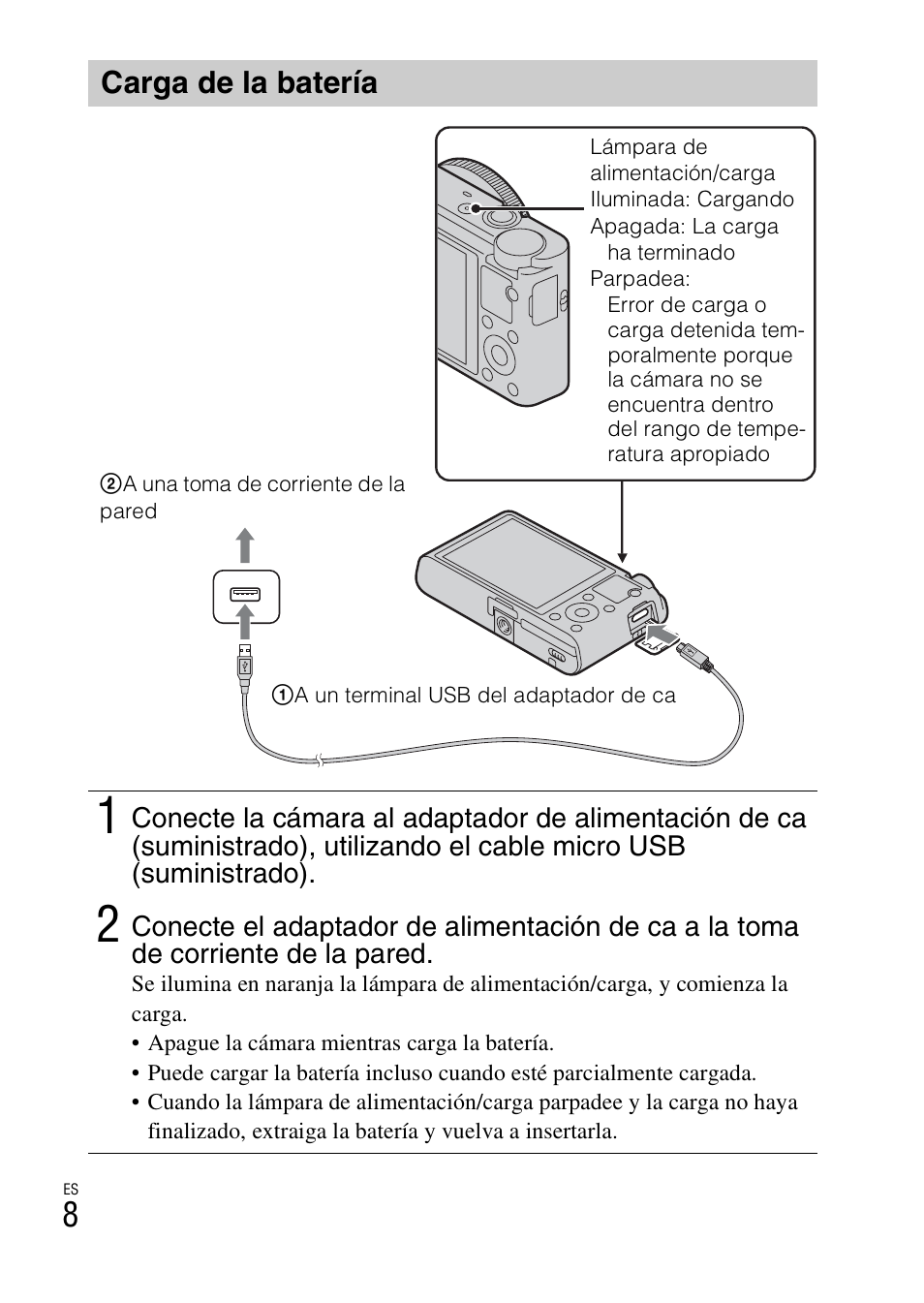 Carga de la batería | Sony DSC-RX100 User Manual | Page 42 / 68