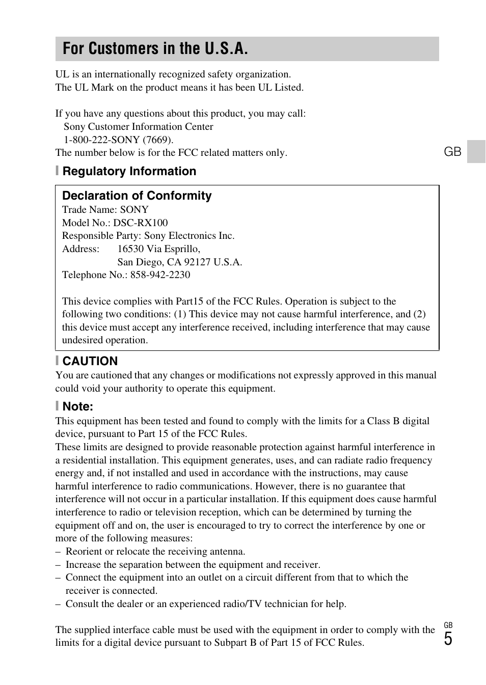 For customers in the u.s.a | Sony DSC-RX100 User Manual | Page 5 / 68