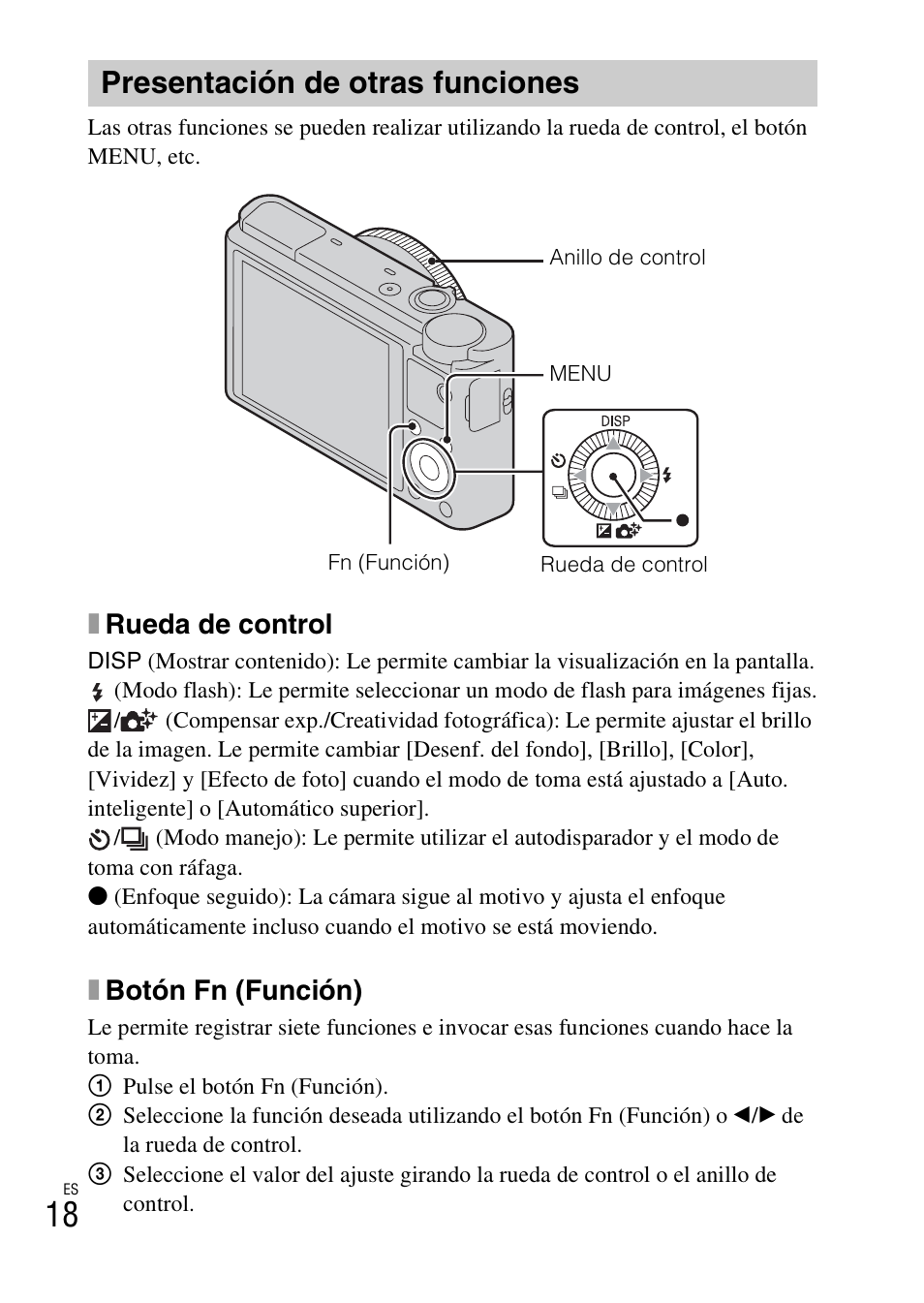 Presentación de otras funciones, Xrueda de control, Xbotón fn (función) | Sony DSC-RX100 User Manual | Page 52 / 68