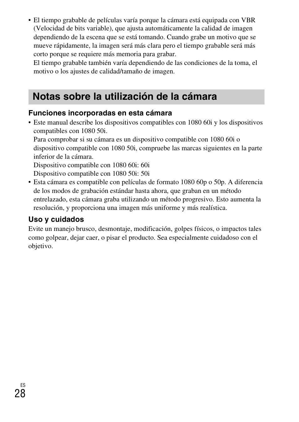 Notas sobre la utilización de la cámara | Sony DSC-RX100 User Manual | Page 62 / 68