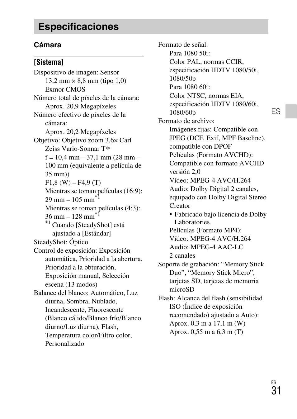 Especificaciones | Sony DSC-RX100 User Manual | Page 65 / 68