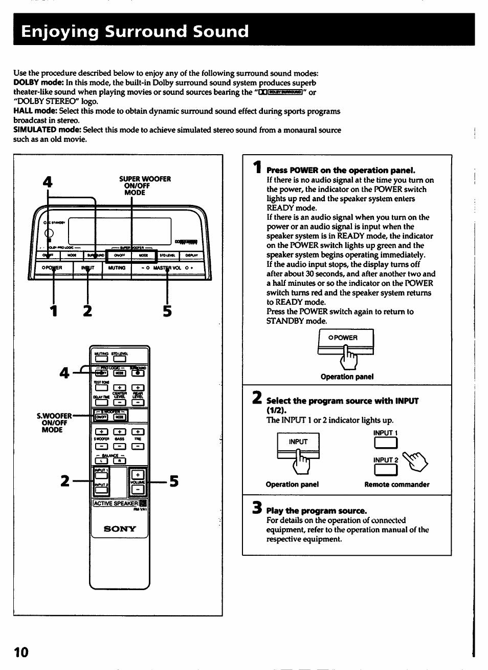 Enjoying surround sound, Press power on the operation panel, Select the program source with input | Play the program source | Sony SA-VA1 User Manual | Page 10 / 16