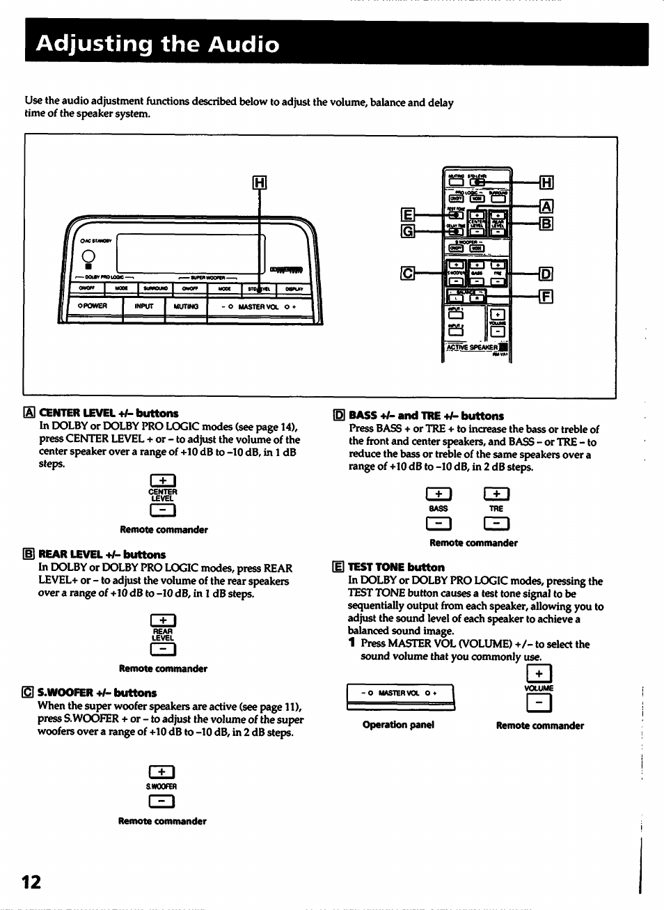 Adjusting the audio, Is center level buttons, 1 rear level +/- buttons | Is s.woofer +/- buttons, D| bass +/- and tre *1- buttons, M cei, Czd (zd | Sony SA-VA1 User Manual | Page 12 / 16