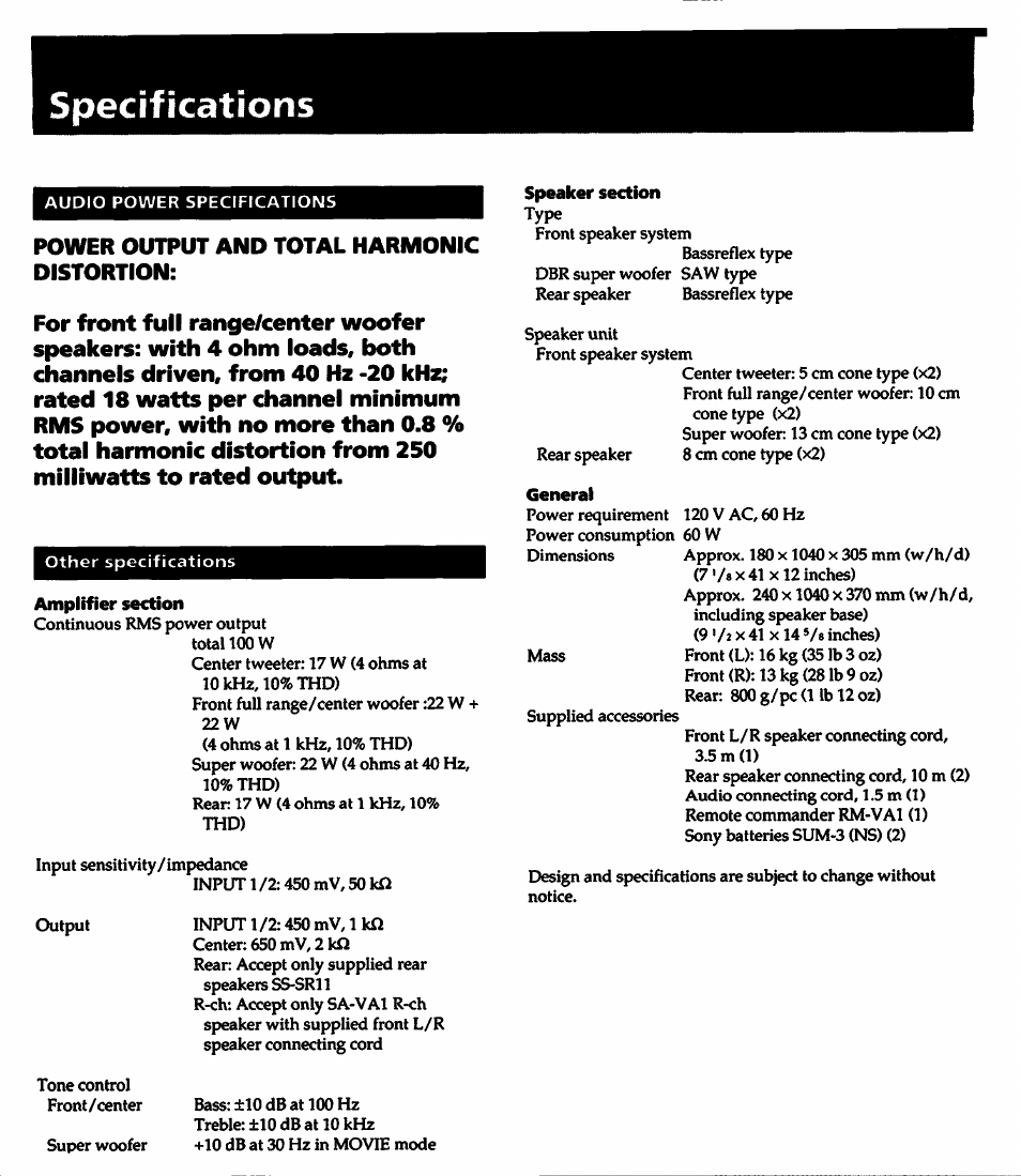 Amplifier section, Speaker section, General | Specifications | Sony SA-VA1 User Manual | Page 15 / 16