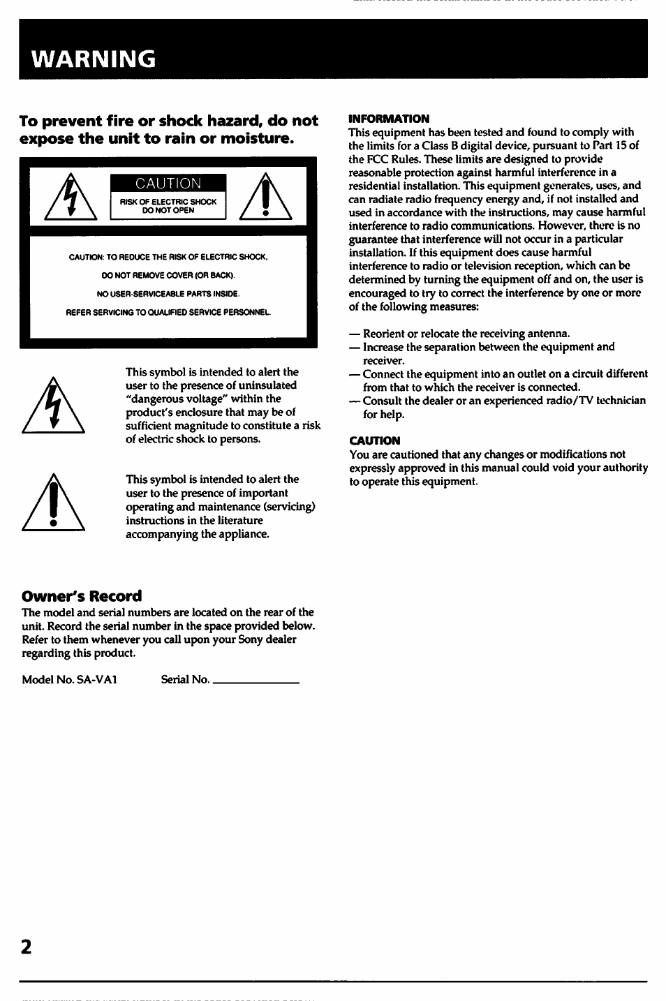 Warning | Sony SA-VA1 User Manual | Page 2 / 16