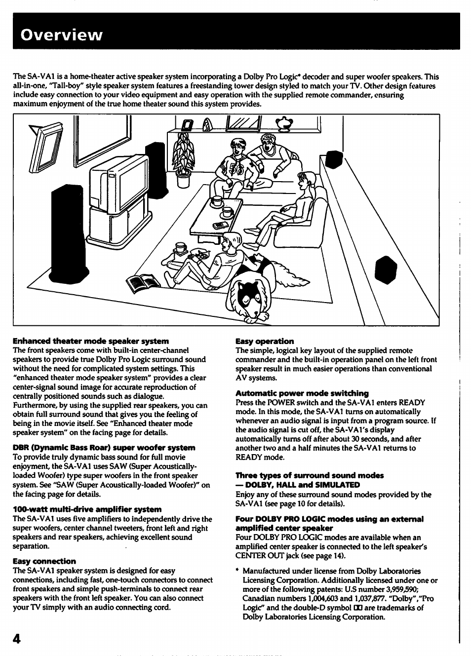 Overview, Enhanced theater mode speaker system, Easy operation | Sony SA-VA1 User Manual | Page 4 / 16