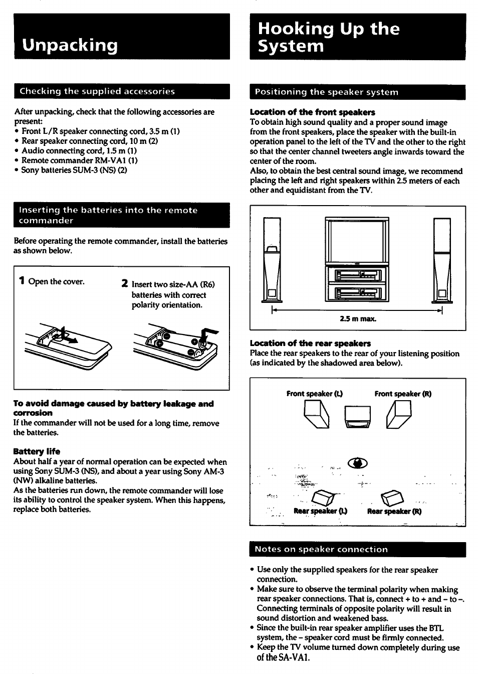 Hooking up the system, Battery life, Location of the front speakers | Location of the rear speakers, Rear speaker (l) rear speaker (r), Unpacking hooking up the system | Sony SA-VA1 User Manual | Page 7 / 16