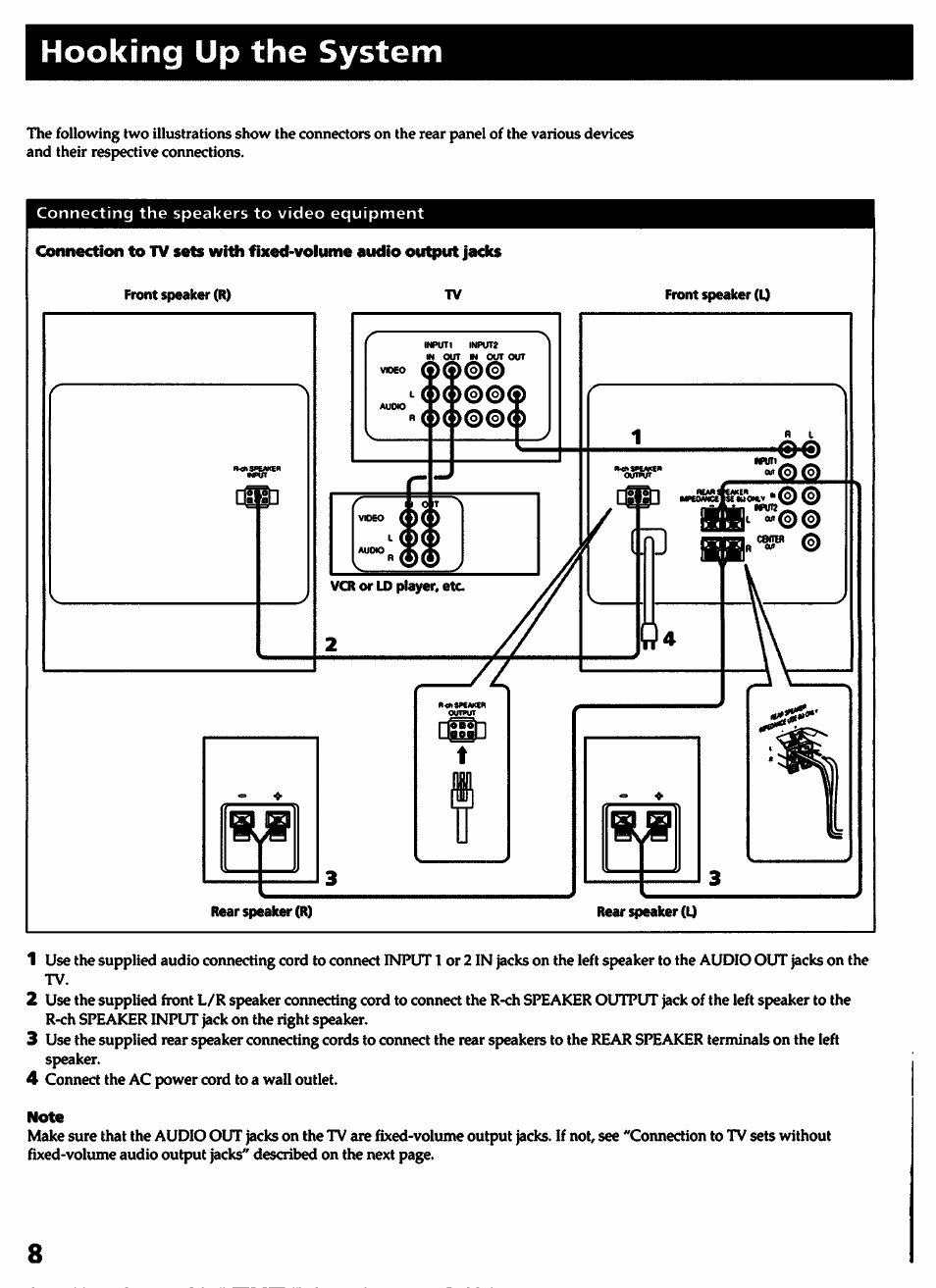 Hooking up the system, Note | Sony SA-VA1 User Manual | Page 8 / 16