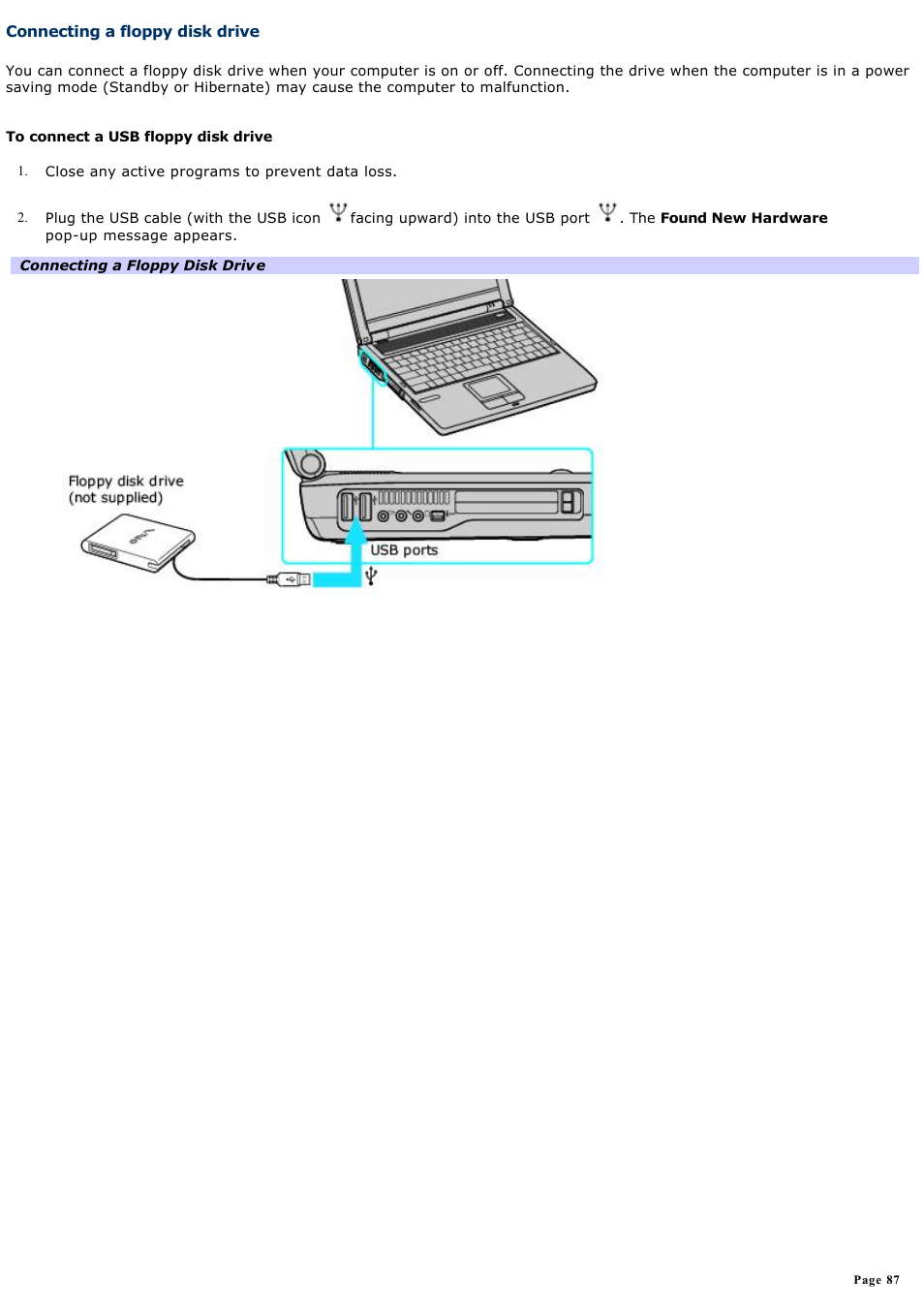 Connecting a floppy disk drive | Sony PCG-FRV34 User Manual | Page 87 / 141