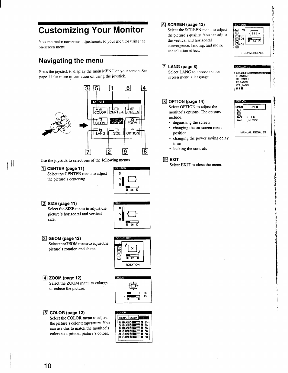Customizing your monitor, Navigating the menu, M center (page 11) | Size (page 11), Geom (page 12), 4] zoom (page 12), Screen (page 13), Lang (page 8), Option (page 14), Exit | Sony GDM-F400 User Manual | Page 10 / 20