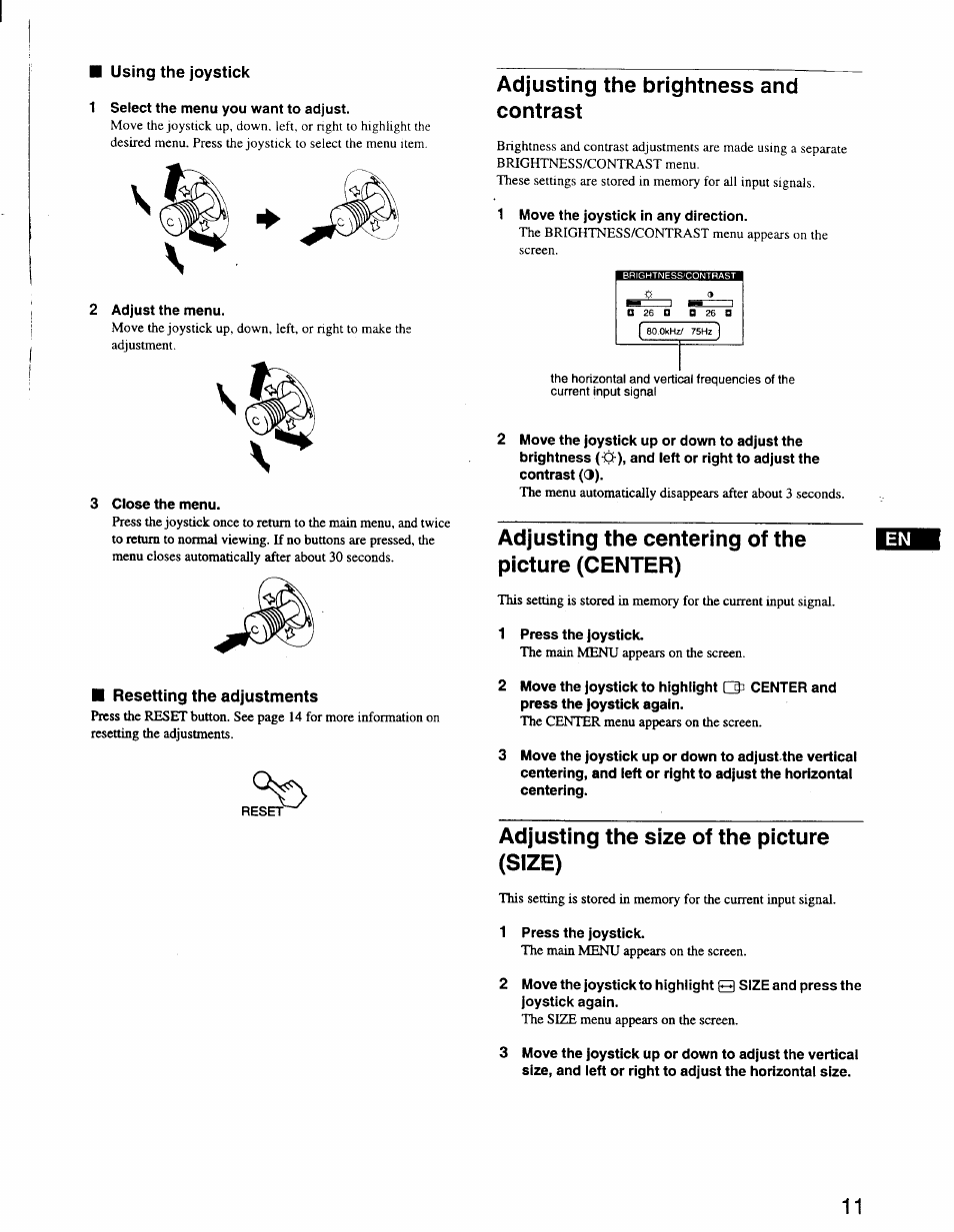 Using the joystick, Resetting the adjustments, Adjusting the brightness and contrast | Adjusting the centering of the picture (center), Adjusting the size of the picture (size) | Sony GDM-F400 User Manual | Page 11 / 20