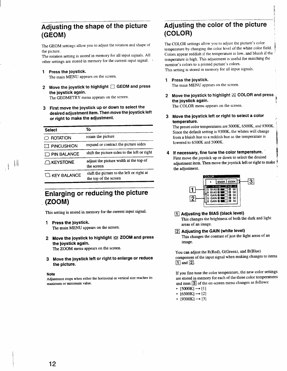 Adjusting the shape of the picture (geom), Enlarging or reducing the picture (zoom), Adjusting the color of the picture (color) | Sony GDM-F400 User Manual | Page 12 / 20