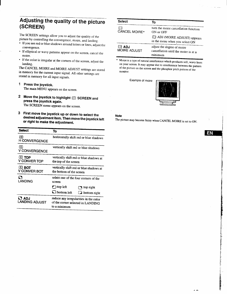 Adjusting the quality of the picture (screen), 1 press the joystick | Sony GDM-F400 User Manual | Page 13 / 20