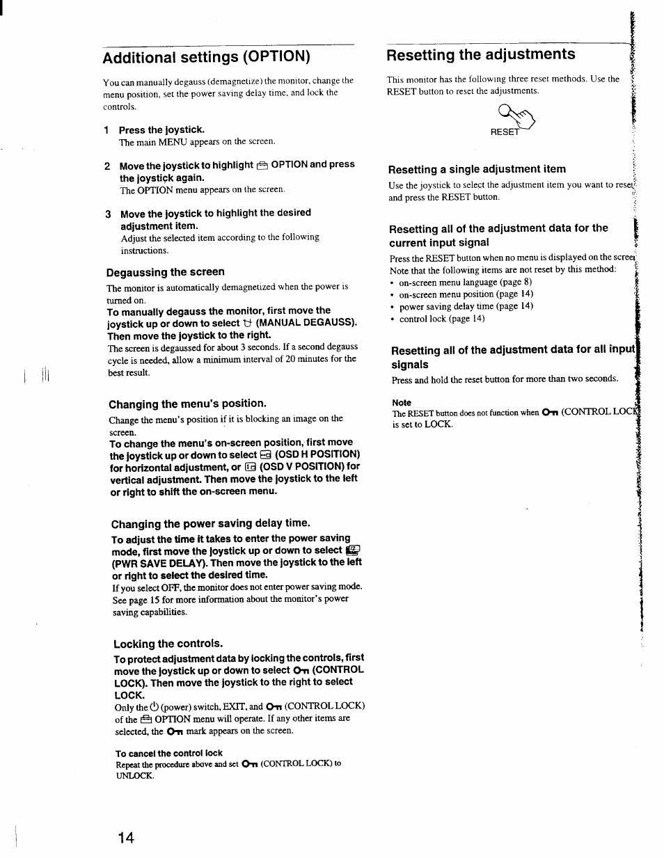 Additional settings (option), Resetting the adjustments | Sony GDM-F400 User Manual | Page 14 / 20