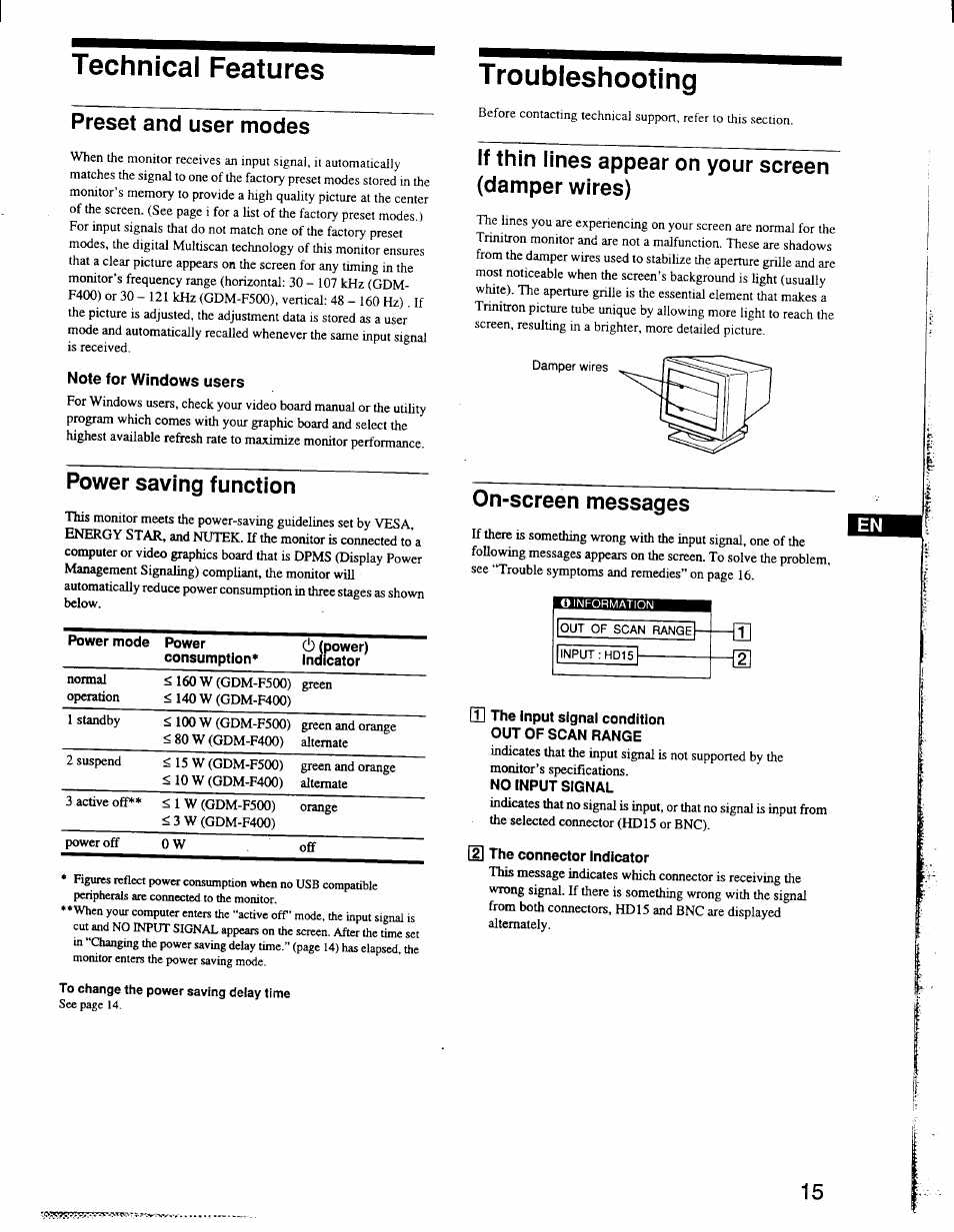 Technical features, Preset and user modes, Note for windows users | Troubleshooting, If thin lines appear on your screen (damper wires), Power saving function, On-screen messages, Preset and user modes power saving function, T roubleshooting | Sony GDM-F400 User Manual | Page 15 / 20