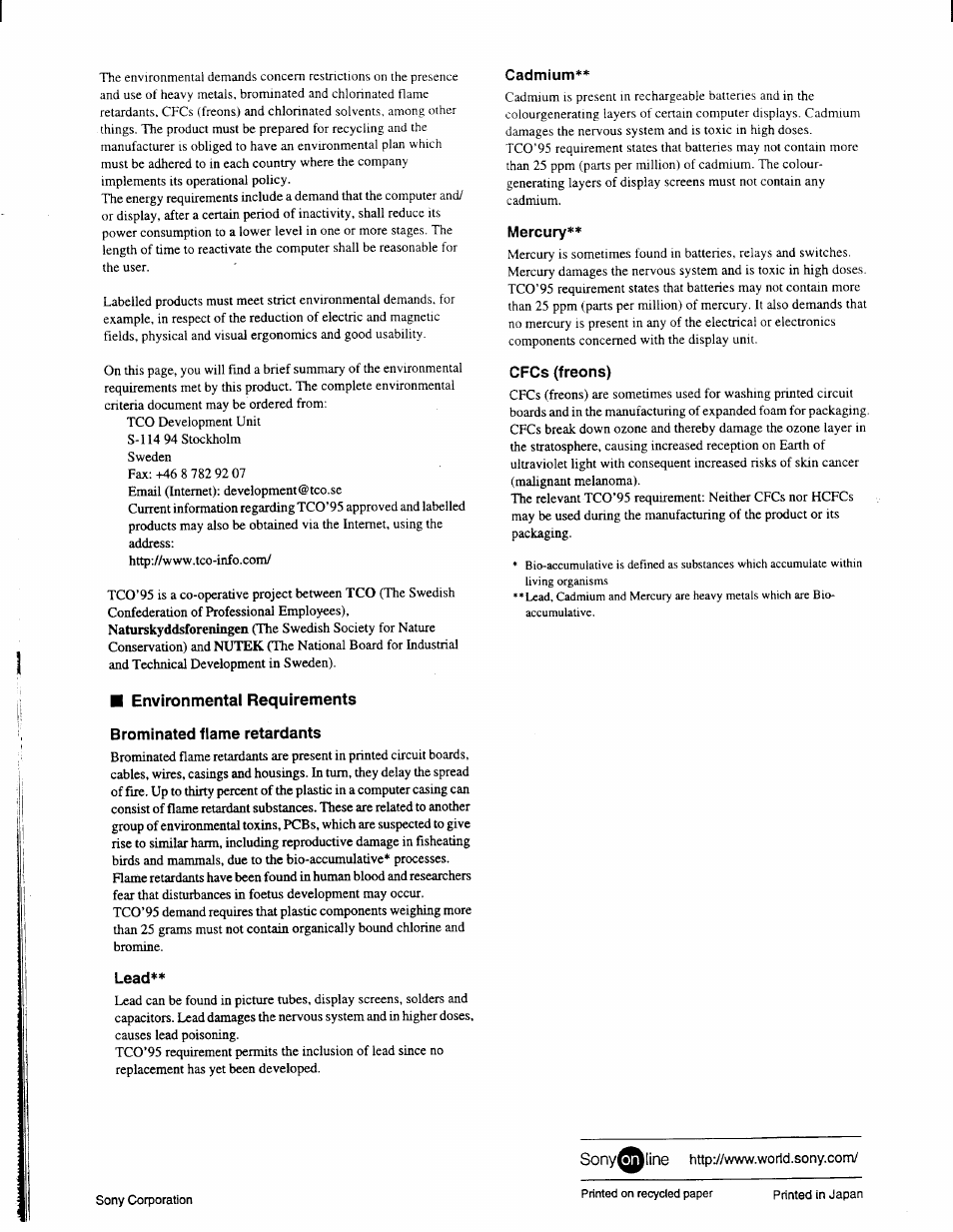 Cadmium, Mercury, Cfcs (freons) | Lead, Sonywhline http://www.wor1d.sony.com | Sony GDM-F400 User Manual | Page 20 / 20