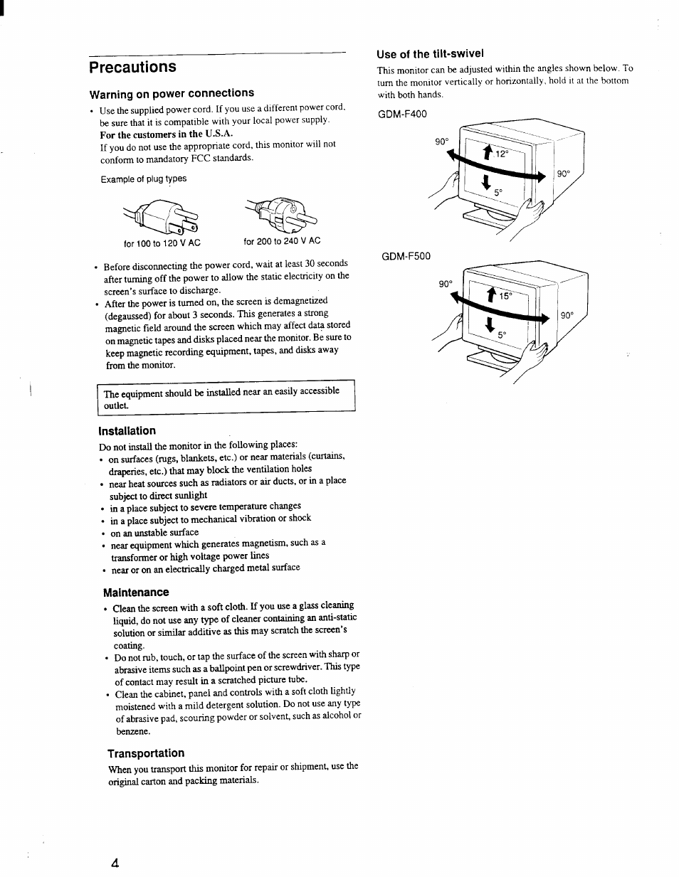 Precautions, Warning on power connections, Installation | Maintenance, Transportation, Use of the tilt-swivel | Sony GDM-F400 User Manual | Page 4 / 20