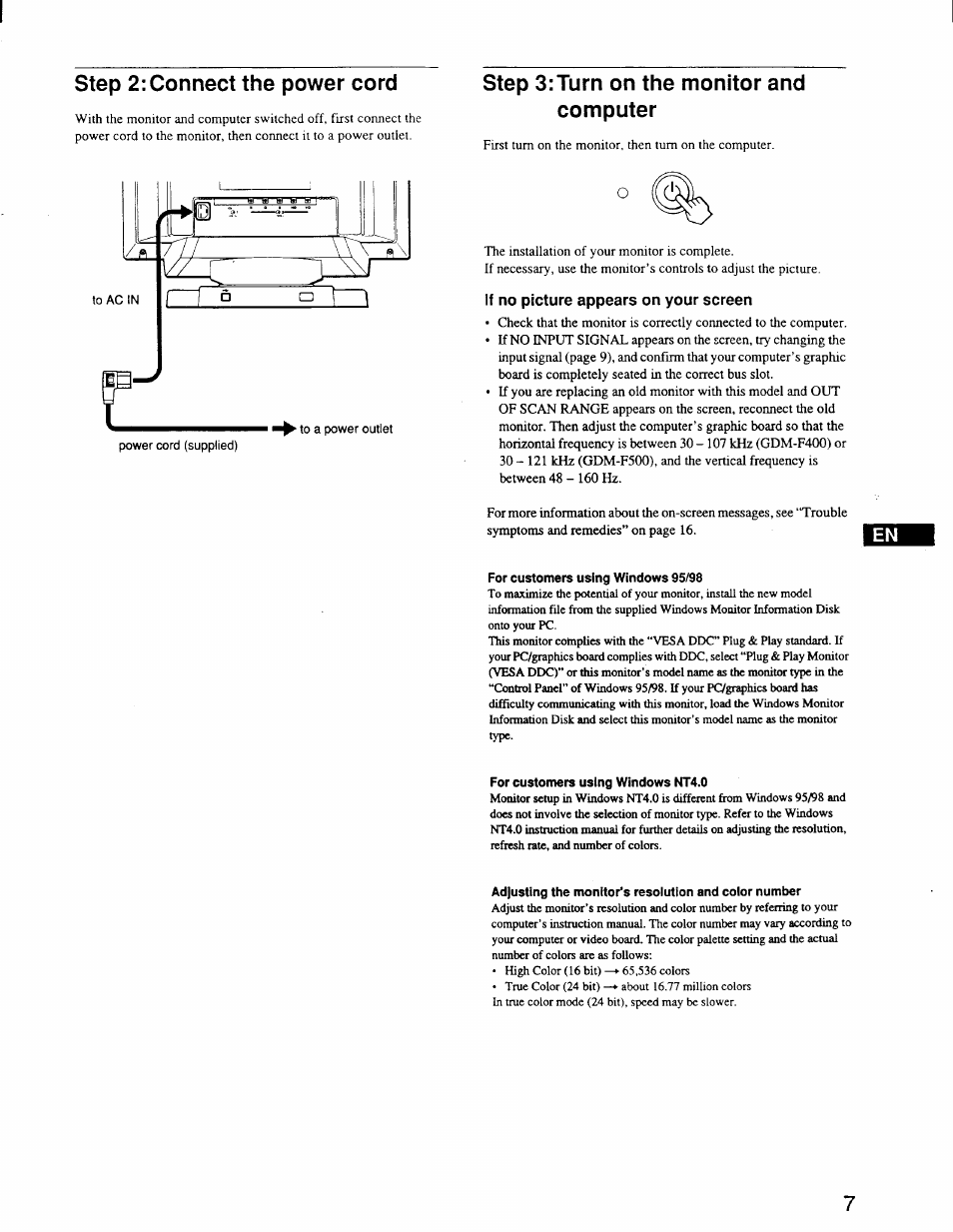 Step 2: connect the power cord, Step 3:turn on the monitor and computer, If no picture appears on your screen | Sony GDM-F400 User Manual | Page 7 / 20