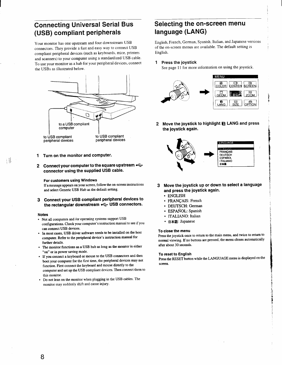 1 turn on the monitor and computer, Selecting the on-screen menu language (lang), 1 press the joystick | Step 3: turn on the monitor and computer | Sony GDM-F400 User Manual | Page 8 / 20