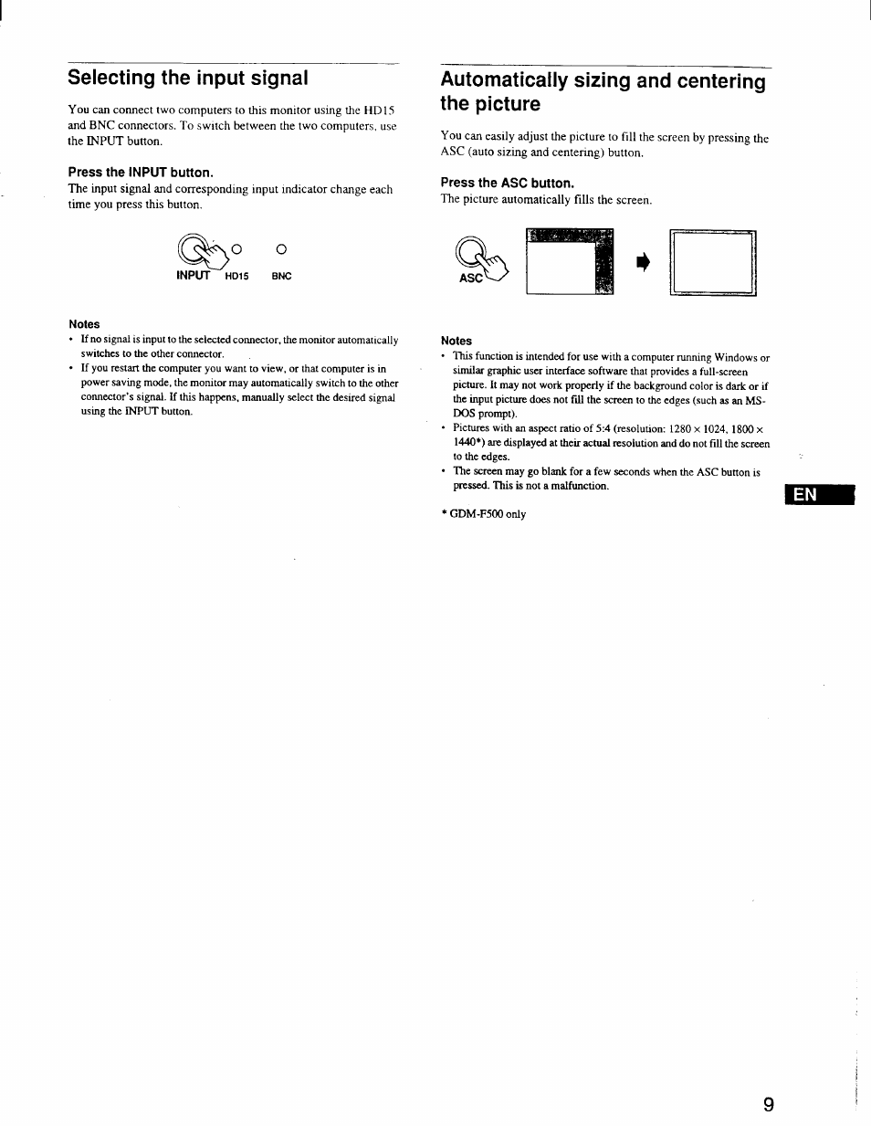 Selecting the input signal, Press the input button, Automatically sizing and centering the picture | Press the asc button | Sony GDM-F400 User Manual | Page 9 / 20