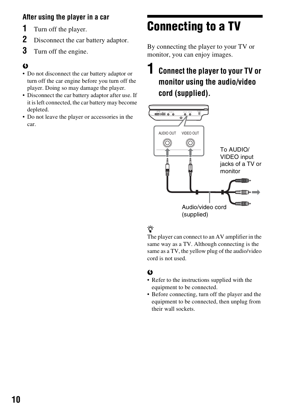 Connecting to a tv, After using the player in a car | Sony DVP-FX730 User Manual | Page 10 / 36