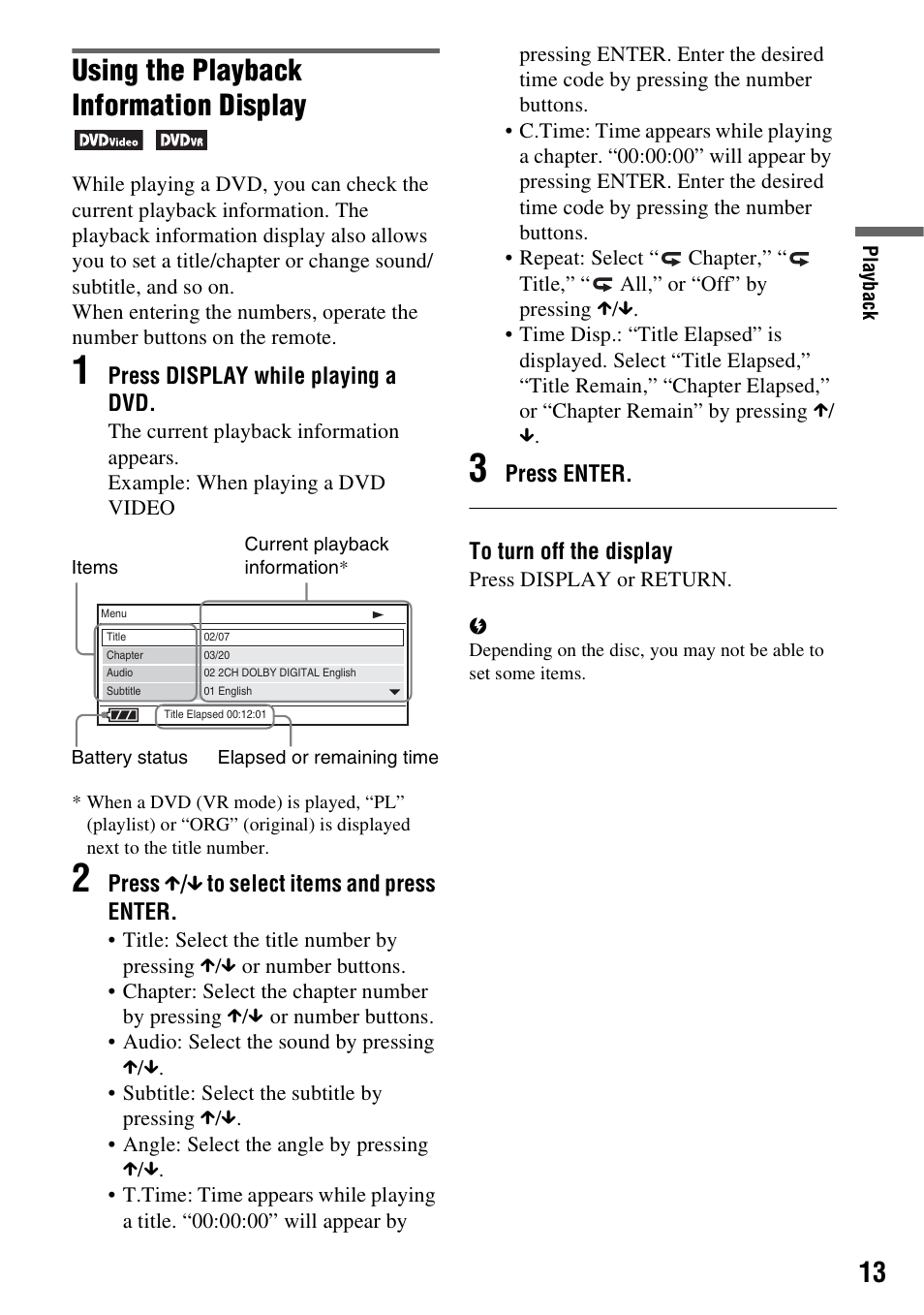 Using the playback information display | Sony DVP-FX730 User Manual | Page 13 / 36