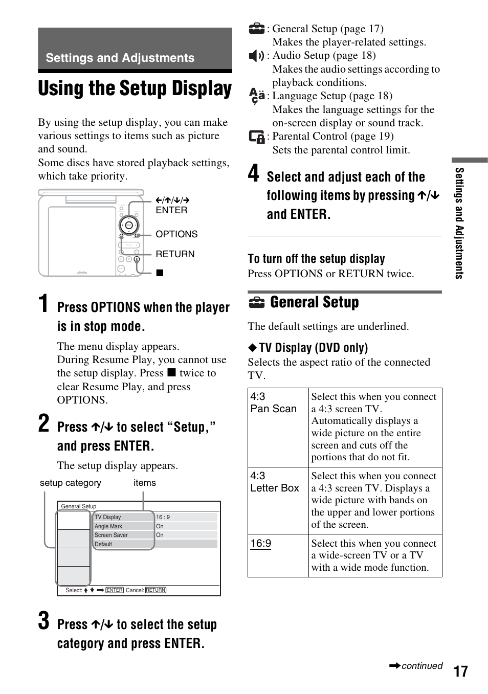 Settings and adjustments, Using the setup display, General setup | Press options when the player is in stop mode, Press x / x to select “setup,” and press enter, Tv display (dvd only) | Sony DVP-FX730 User Manual | Page 17 / 36