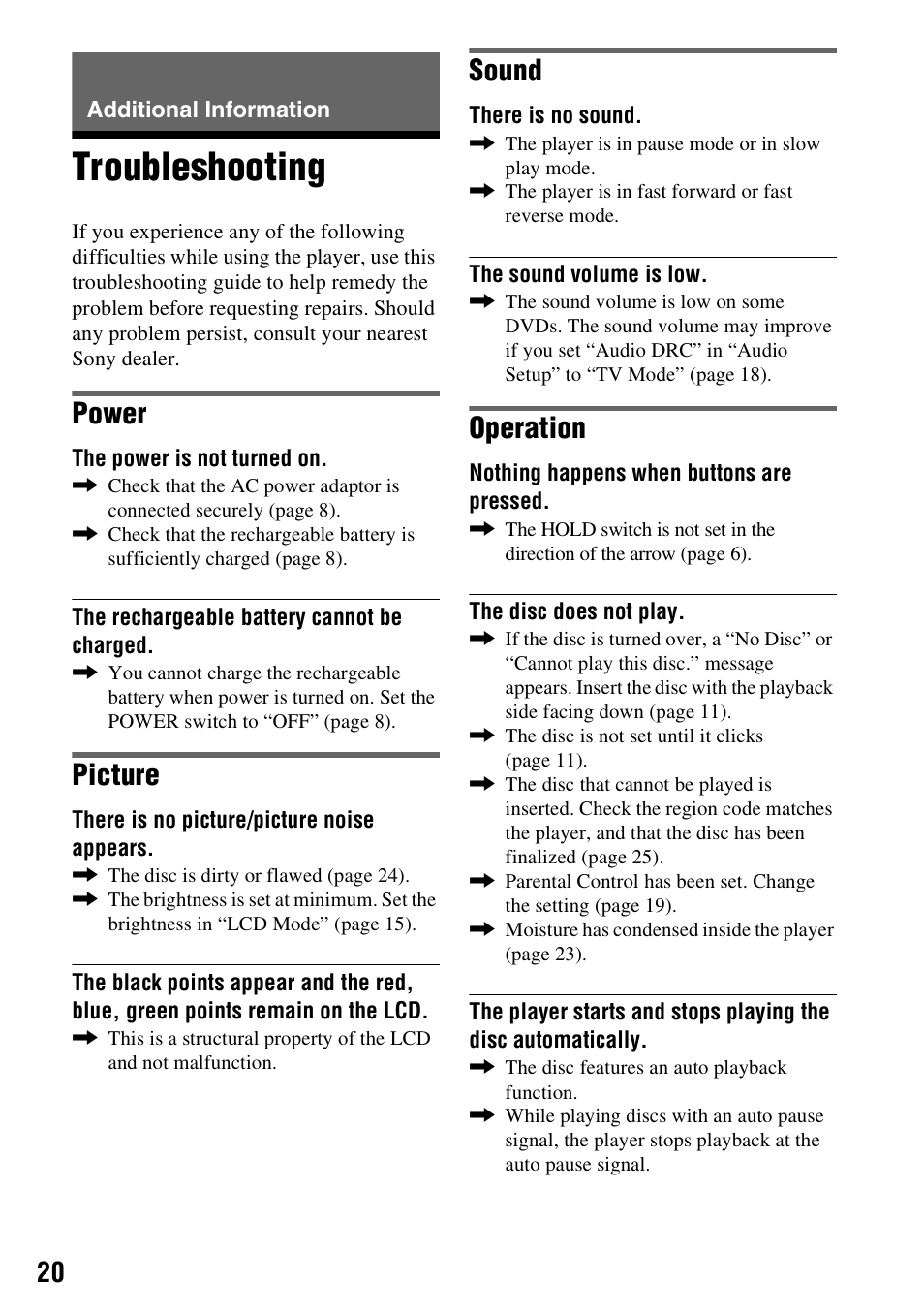 Additional information, Troubleshooting, Power | Picture, Sound, Operation | Sony DVP-FX730 User Manual | Page 20 / 36