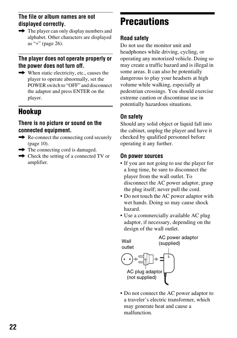 Precautions, Hookup | Sony DVP-FX730 User Manual | Page 22 / 36