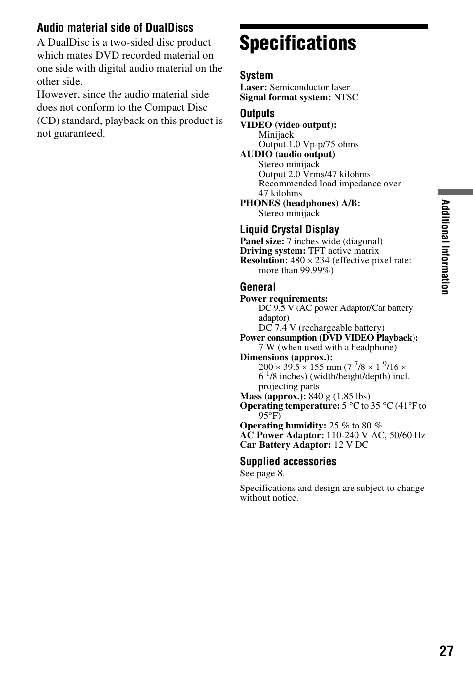 Specifications | Sony DVP-FX730 User Manual | Page 27 / 36