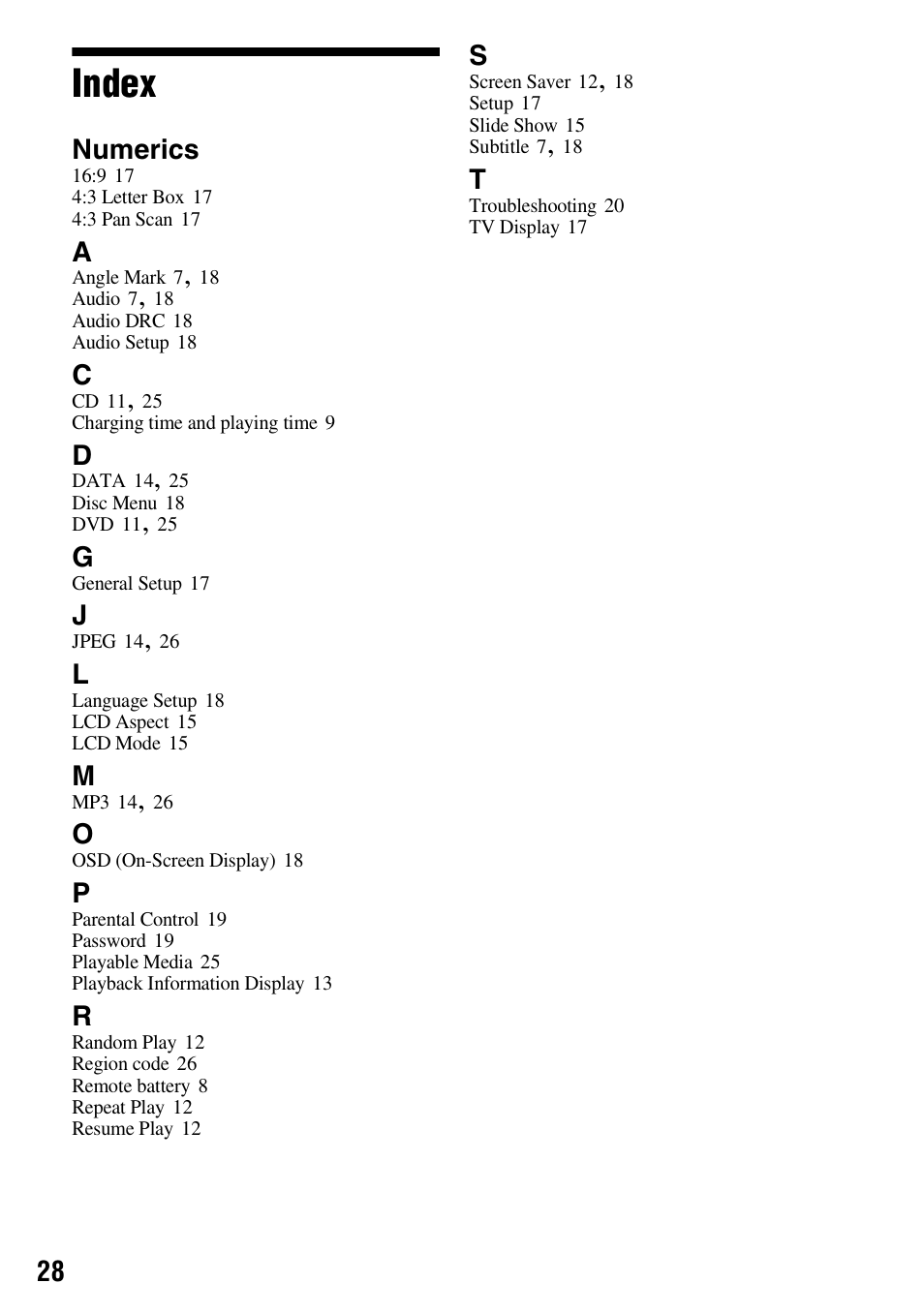 Index, Numerics | Sony DVP-FX730 User Manual | Page 28 / 36