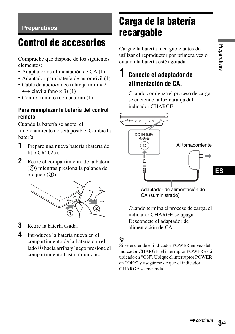 Preparativos, Control de accesorios, Carga de la batería recargable | Conecte el adaptador de alimentación de ca | Sony DVP-FX730 User Manual | Page 31 / 36