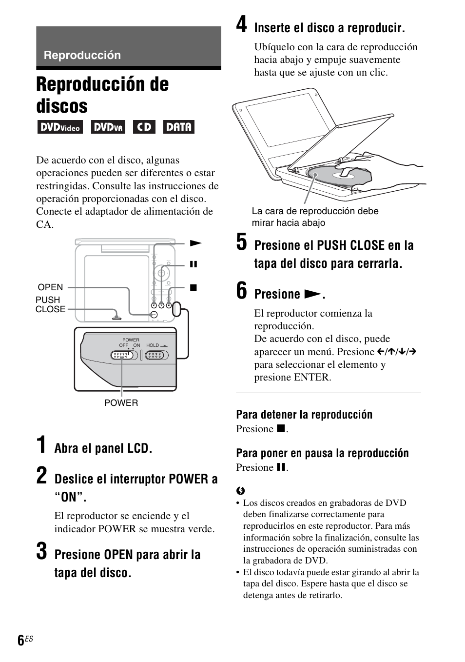 Reproducción, Reproducción de discos, Abra el panel lcd | Deslice el interruptor power a “on, Presione open para abrir la tapa del disco, Inserte el disco a reproducir, Presione n | Sony DVP-FX730 User Manual | Page 34 / 36