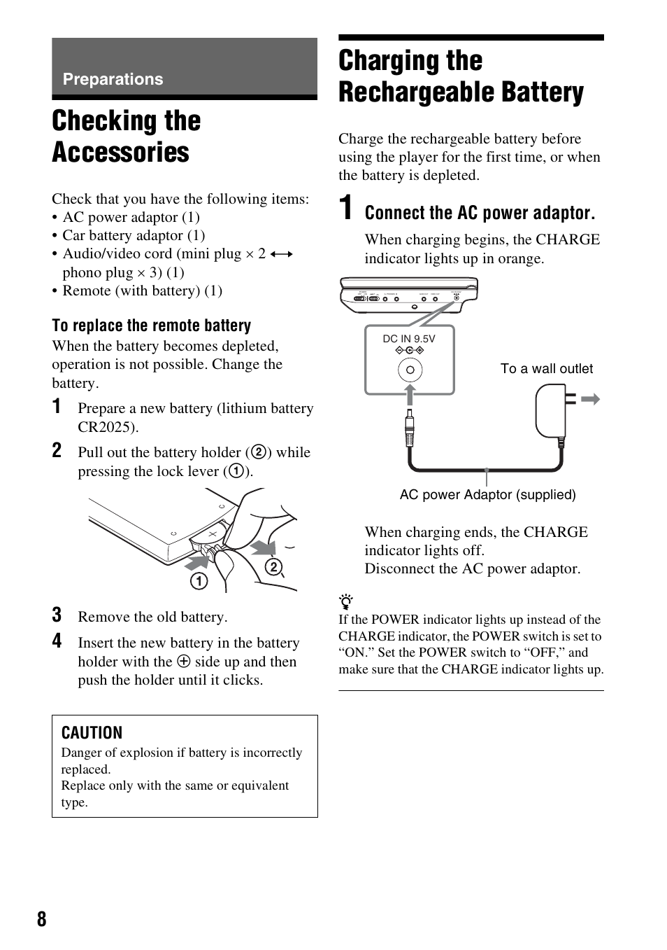 Preparations, Checking the accessories, Charging the rechargeable battery | Connect the ac power adaptor | Sony DVP-FX730 User Manual | Page 8 / 36