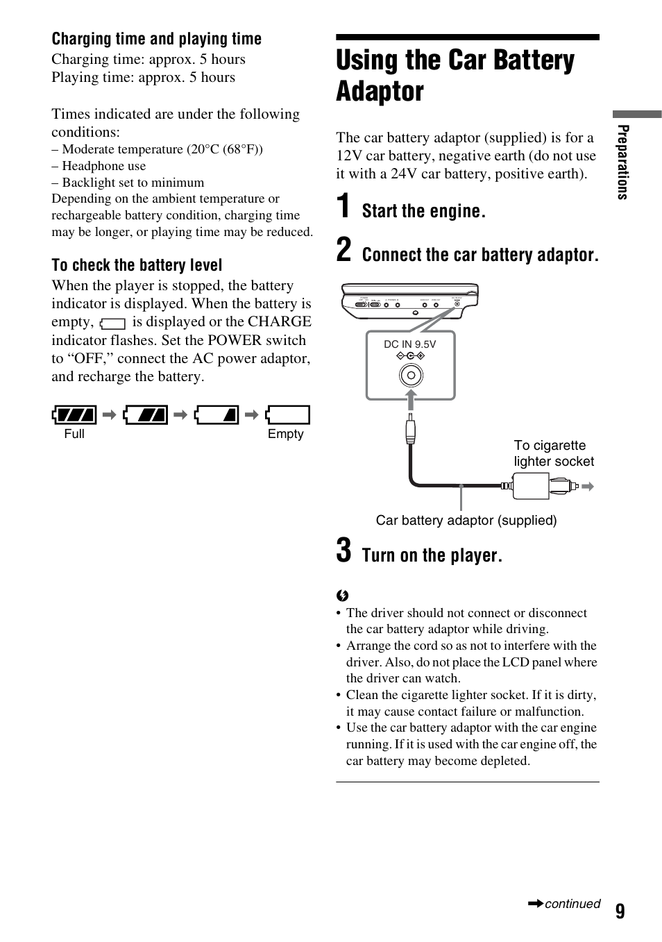 Using the car battery adaptor, Start the engine, Connect the car battery adaptor | Turn on the player | Sony DVP-FX730 User Manual | Page 9 / 36