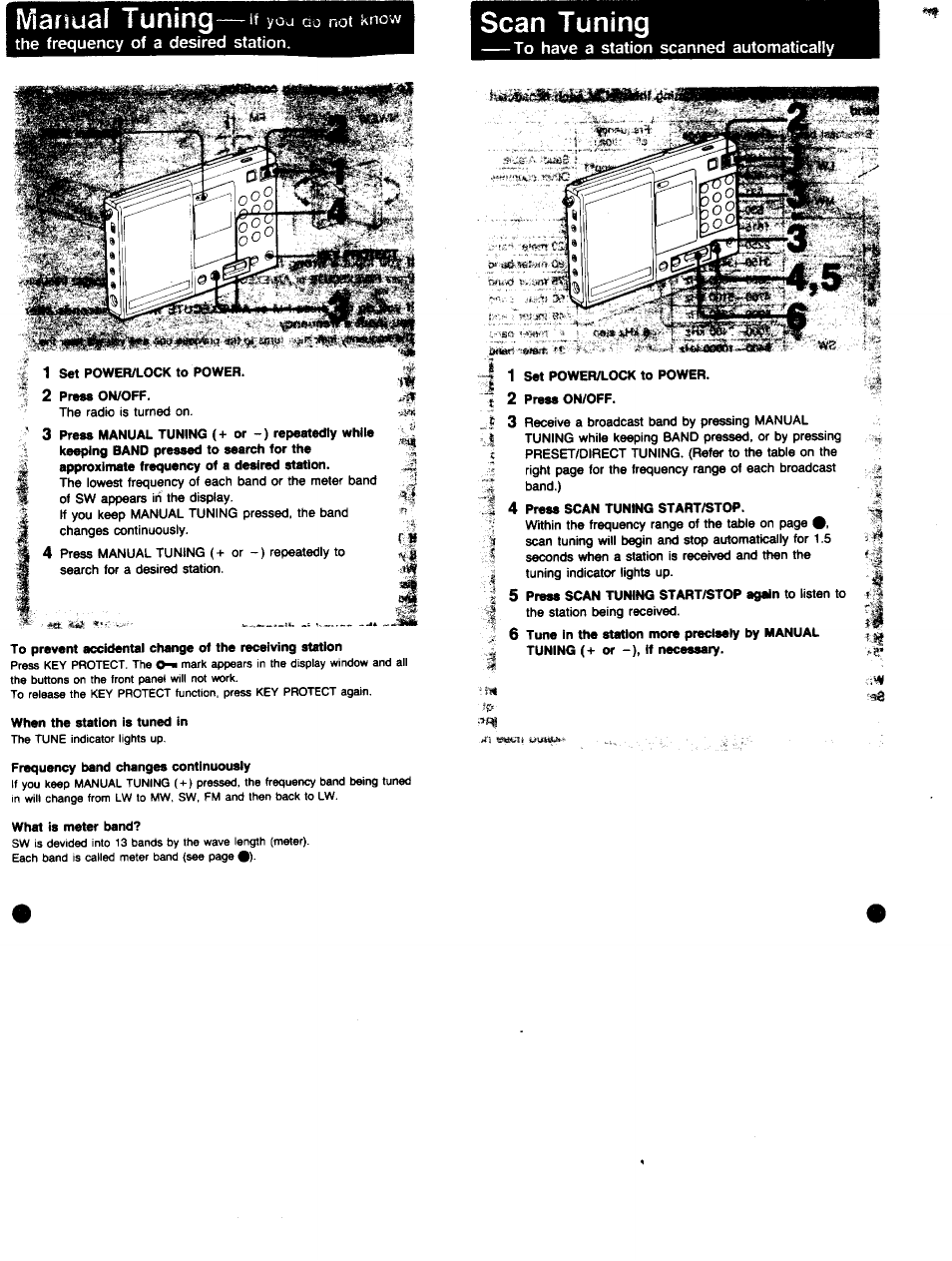 Scan tuning, When the station is tuned in, Frequency band changes continuously | What is meter band, 1 set power/lock to power, 2 press on/off, 4 press scan tuning start/stop, Manual tuning—if yo | Sony ICF-SW7600 User Manual | Page 10 / 18