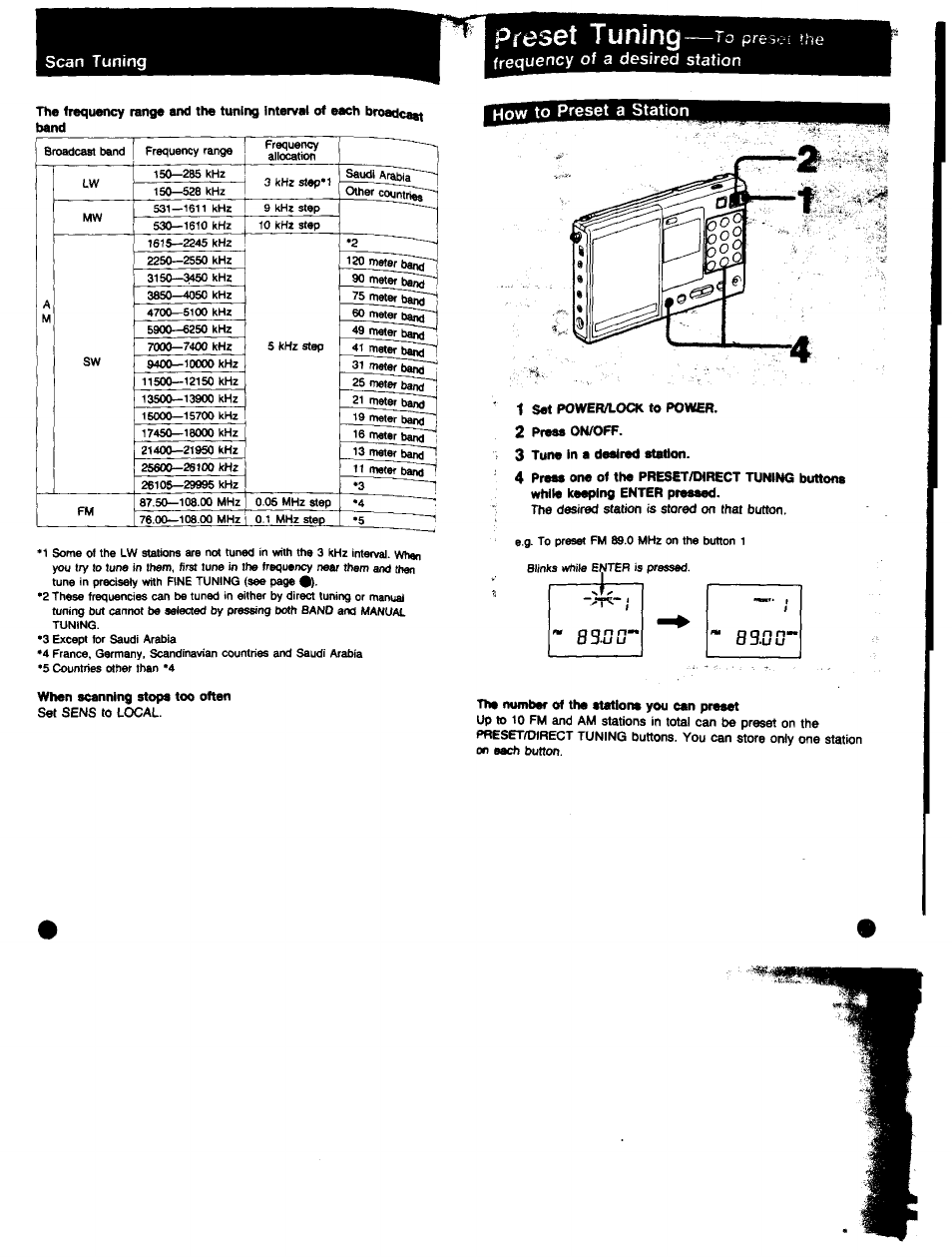 1 sat power/lock to power, 2 praas on/off, 3 tuna in a dealred atatlon | Preset tuning—ropres | Sony ICF-SW7600 User Manual | Page 11 / 18