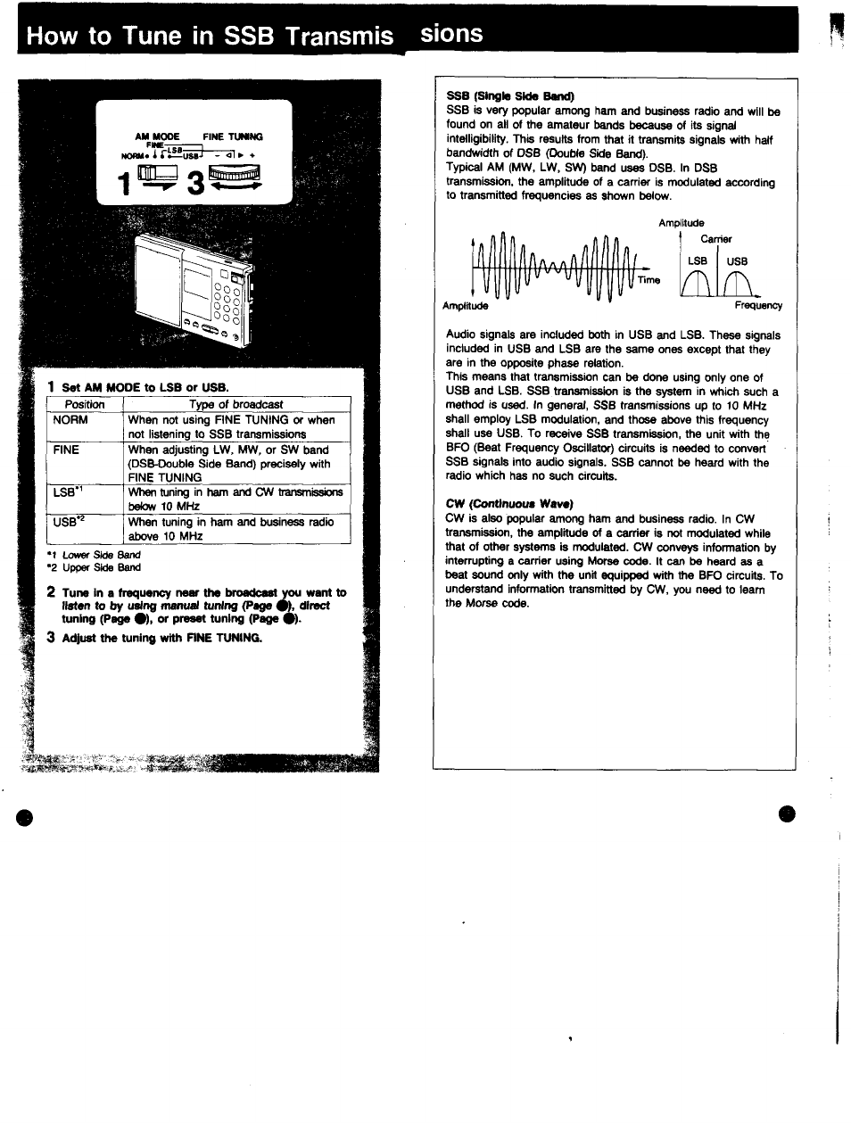 How to tune in ssb transmis sions, 3 adjust the tuning with rne tuning, Ssb (single side bmd) | Sony ICF-SW7600 User Manual | Page 13 / 18