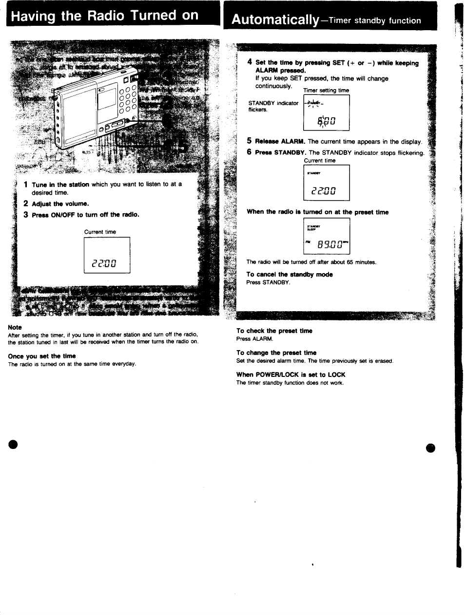 When the radio is turned on at the preset time, To cancel the standby mode, To check the preset time | To change the preset time, When power/lock is set to lock, Having th6 radio turned on | automatically | Sony ICF-SW7600 User Manual | Page 14 / 18