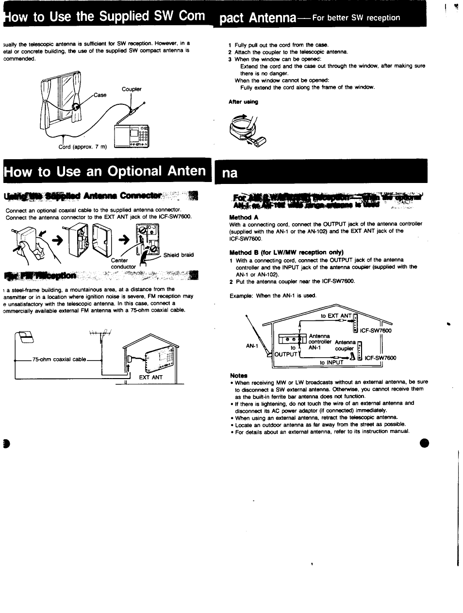 How to use an optional anten, Method a, Method b (for lw/mw reception onty) | Notes, Ow to use the supplied sw com pact antenna, For better sw reception | Sony ICF-SW7600 User Manual | Page 16 / 18