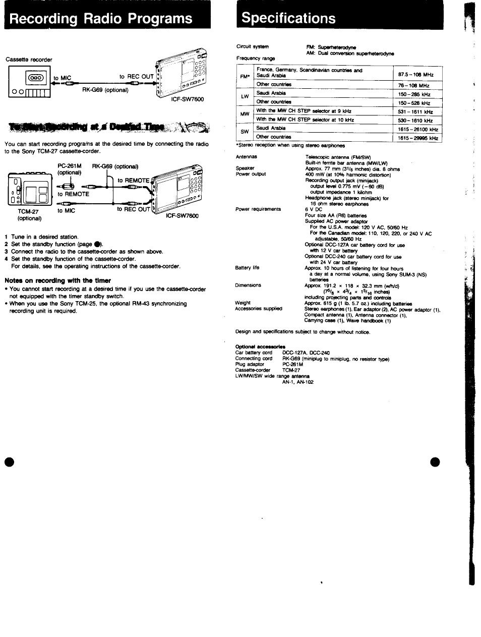 Recording radio programs, Specifications, Notes on recording with the timer | Recording radio programs specifications, Optk»rwt | Sony ICF-SW7600 User Manual | Page 17 / 18