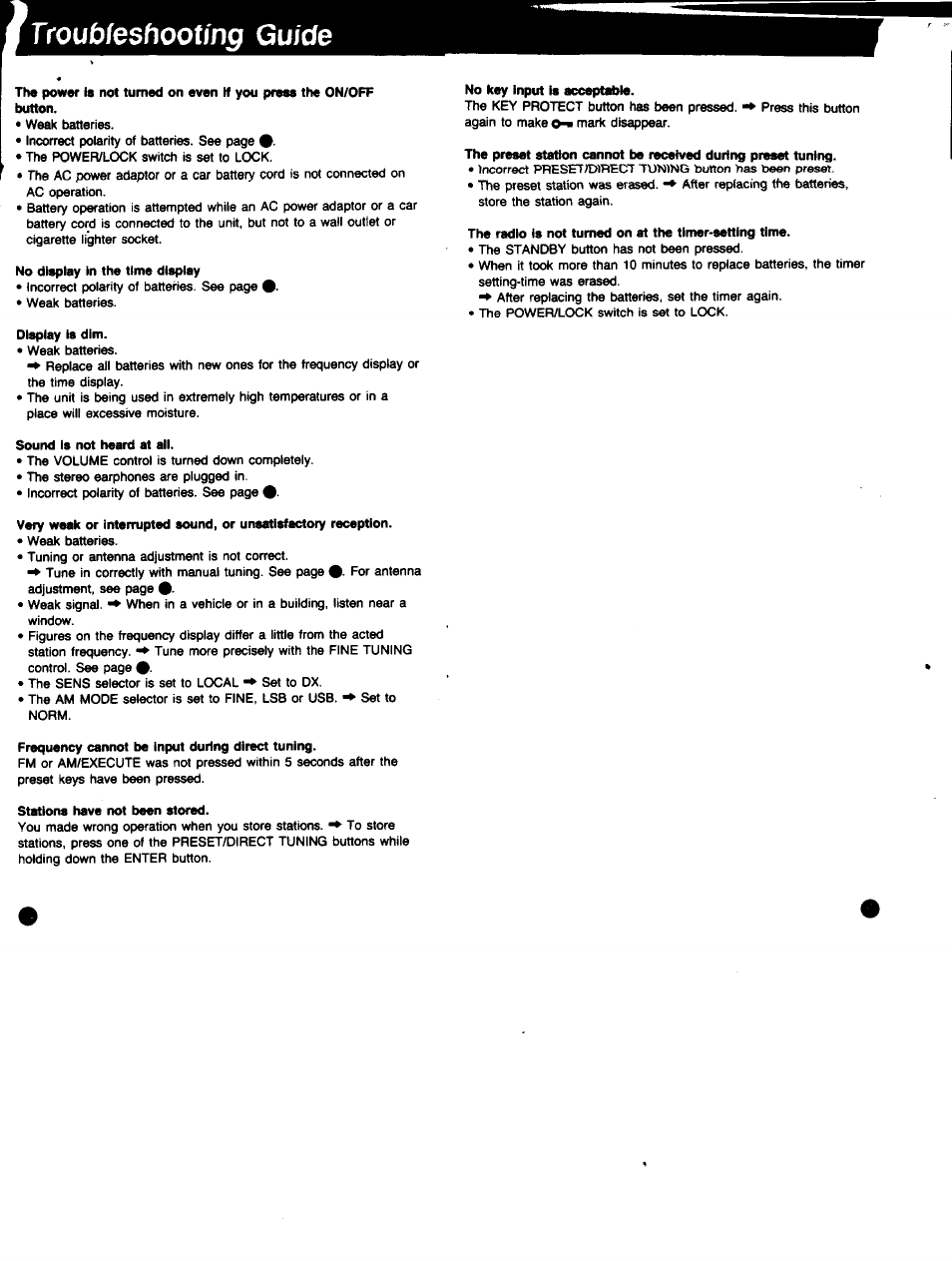 Troubieshooting guide, No display in the time display, Display is dim | Sound is not heard at all, Frequency cannot be input during direct tuning, Stations have not been stored, No key input is acceptable | Sony ICF-SW7600 User Manual | Page 18 / 18