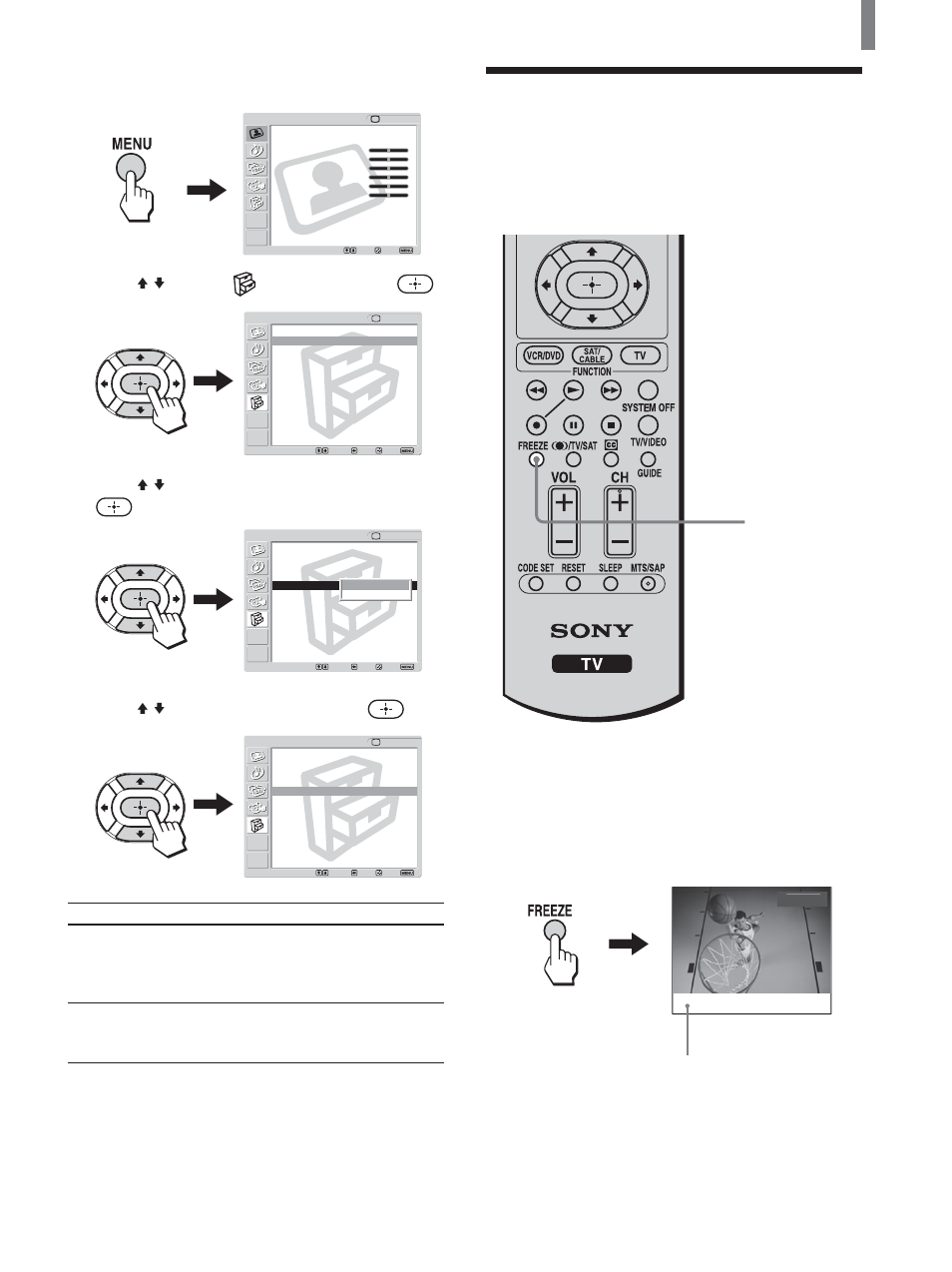 Using the freeze function, Press menu, Press v/v to select (setup), then press | Press v/v to select “16:9 enhanced,” then press, Press v/v to select “auto,” then press, Press menu to exit the menu screen, Tips | Sony KLV-21SG2 User Manual | Page 27 / 80