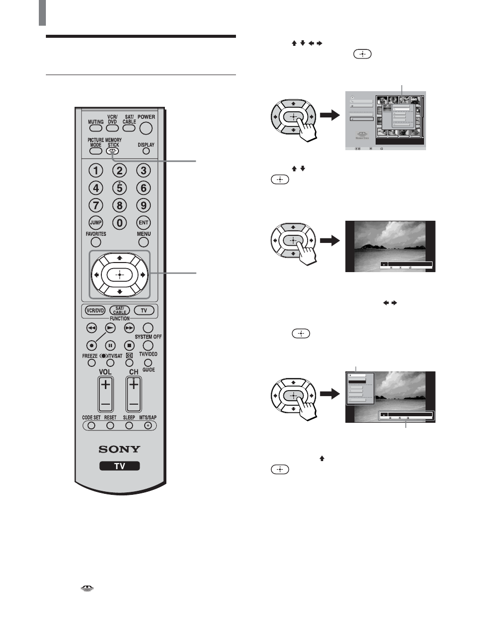 Viewing photos, Viewing digital photos at fullscreen size, Viewing digital photos at full- screen size | Press . the digital photo menu appears | Sony KLV-21SG2 User Manual | Page 60 / 80