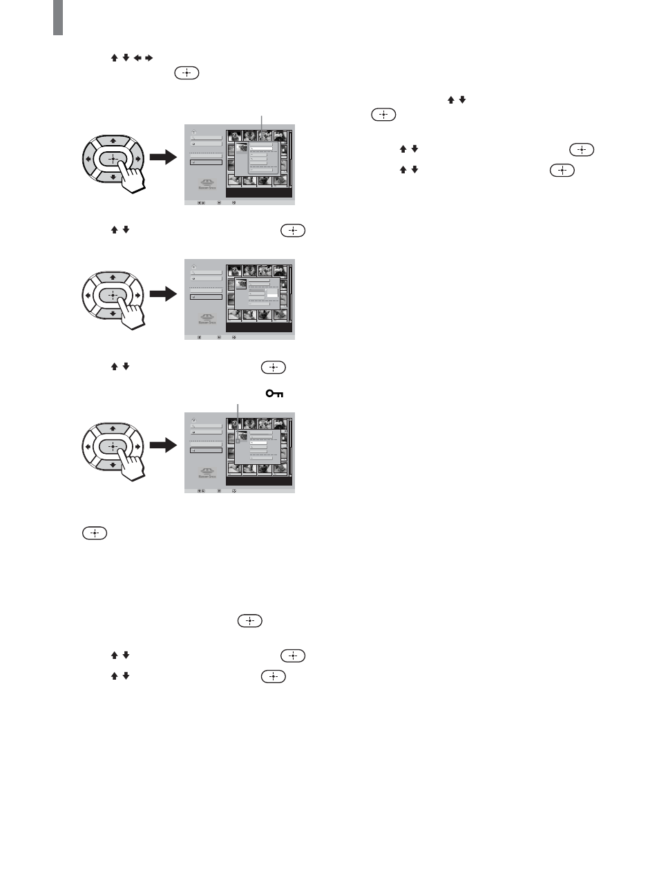 Press v/v to select “protect,” then press, Press v/v to select “on,” then press | Sony KLV-21SG2 User Manual | Page 64 / 80